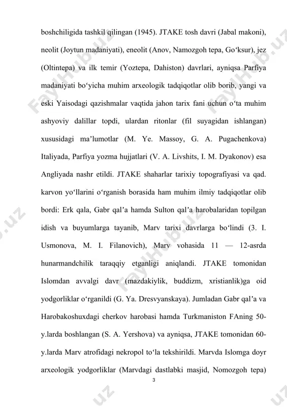 ati yanada avj oldi. 1946-yilda janubiy turkmaniston arxeologiya kompleks ekspeditsiyasi, soʻgʻd-tojik arxeologiya ekspeditsiyasi tashkil qilindi. oʻzbekiston fanlar akademiyasi arxeologiya instituti ot-ryadlari oʻzbekistonning turli tumanlarida tadqiqot ishlarini olib bordi. akad. ya. gʻulomov rahbarligidagi arxeologiya ekspeditsiyalarining xorazm, zarafshon va toshkent vohalarida, fargʻona vodiysida; a. r. muhammadjonovning buxoroda olib borgan arxeologik tadqiqotlari oʻzbekistonning qadimgi sugʻorish sistemasi va dehqonchiligini oʻrganishda, undan xalq xoʻjaligi maqsadlarida foydalanishda katta ahamiyatga ega. a. a. asqarov boshchiligidagi otryadning sopollitepa, jarqoʻtonla olib borgan qazishmalari ancha samarali boʻldi. u. i. islomov rahbarligidagi otryad oʻzbekistonning qator viloyatlarida tosh davriga oid yangi yodgorliklarni qazib oʻrgandi, afrosiyob ekspeditsiyasi qadimgi samarqandni oʻrgandi va uning ilk oʻrta asrlarga oid devoriy rasmlarini ochdi, yerqoʻrtndya ish olib 666borgan otryad (r. h. sulaymonov boshchi-ligida) antik va ilk oʻrta asrlarga oid madaniyat va sanʼat namunalarini topdi.1959-yilda g. a. pugachenkova rahbarligida oʻzbekiston sanʼatshunoslik ekspeditsiyasi tuzildi. ekspeditsiya dalvarzintepa, xolchayon, budrochtepada qazishmalar oʻtkazib, qizil sopollarning noyob namunalarini topib, tadqiq qildi. oʻzbekiston mustaqillik-ka erishganidan …