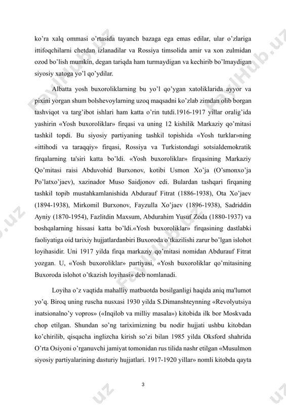 illiy masala») kitobida ilk bor moskvada chop etilgan. shundan so’ng tariximizning bu nodir hujjati ushbu kitobdan ko’chirilib, qisqacha inglizcha kirish so’zi bilan 1985 yilda oksford shahrida o’rta osiyoni o’rganuvchi jamiyat tomonidan rus tilida nashr etilgan «musulmon siyosiy partiyalarining dasturiy hujjatlari. 1917-1920 yillar» nomli kitobda qayta bosildi.loyihada yer-suv masalasiga katta e'tibor berilgan. bundan tashqari harbiy masala, moliya ishlari, ichki ishlar va davlat boshqaruv organlari kabi masalalarga unda keng o’rin berilgan. loyihada butun haydaladigan yerlar (uch qismga) bo’lingan:1)vaqf yerlari (masjid va madrasalarga tegishli yerlar); 2)soliqdan ozod qilingan yerlar (mulki hur); 3)soliq olinadigan (mulki hiroj) yerlar. hammani ekin ekishga majbur qilish maqsadida barcha ekilgan va ekish mumkin bo’lib, ekilmay qolgan yerlarga ham soliq solish nazarda tutilgan. shuningdek, «mulki hiroj» yerlariga soliqni kamaytirish hamda «kafson» (amin, oqsoqol va boshqalar uchun) «atafti» (sadaqa), «uchkuna puli» (turli daraxtlar uchun), «cho’p puli» (yaylov uchun) va boshqa ortiqcha harajat chiqimlarni tugatish nazarda tutildi.loyihada yana davlat yerlari, bog’ va …
