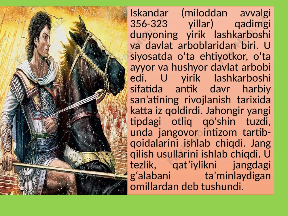 y boshchiligida armiyaning bir qismini yuboradi. nautaka qal’asida bessning ittifoqchilari baqtriyalik oksiart, sug‘dlik spitamen va fors datafarnlar o‘rtasida nizo chiqdi. chunki bess o‘z ittifoqchilariga ahamoniylar zulmiga va iskandar hujumiga qarshi birgalashib kurashishga ahd qilgan edi. dastlab ular bessning niyatini anglab etmay, u bilan birga bo‘lishdi. ammo uni, ittifoqchilari bilan shohlar kabi munosabatda bo‘lishga intilayotganini sezgan spitamen, oksiart va fors datafarnlar u bilan aloqani uzishdi va uni kishanlab iskandarga topshirish niyatida ekanliklarini bildirish uchun uning qarorgohiga chopar yubordi. kishanlangan bessni qal’ada qoldirib, o‘zlari esa mamlakat ichki hududlariga chekinishdi. spitamen va uning ittifoqchilari bessni iskandarga topshirish bilan dushman istilolarini to‘xtatmoqchi bo‘lishdi. chunki iskandar eronga yurish boshlaganda, u o‘z dushmani doro iii ni nomardlarcha zaharlab o‘ldirgan bessdan o‘ch olish niyatida ekanligi e’lon qilgan edi. ptolemey orqasidan katta qo‘shin bilan aleksandrning o‘zi yurdi. uning yo‘lida branxidlar shahri chiqdi. branxidlar avlodlari milet (kichik osiyo) shaxriga yaqin appalon didimkiy ibodatxonasining ruhoniylari bo‘lgan. ular kserks davrida ( …
