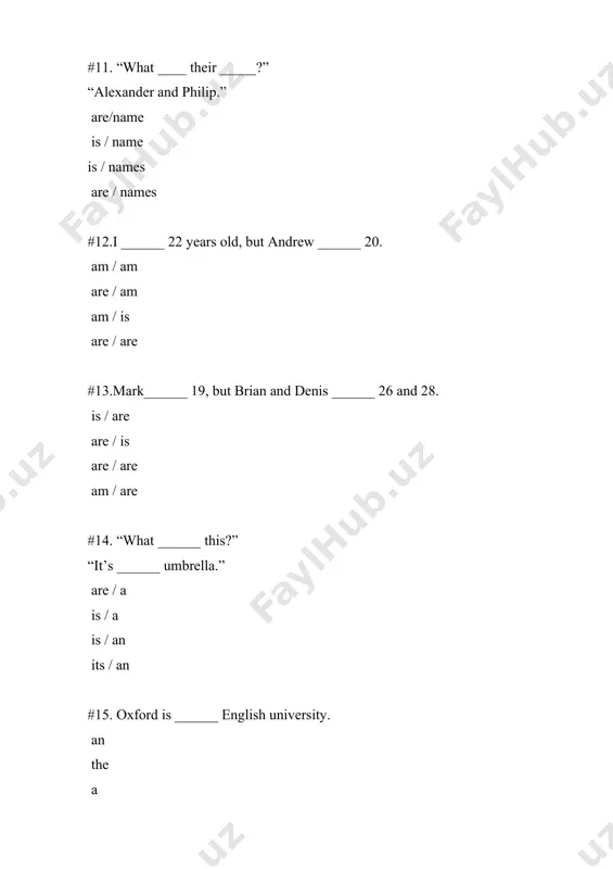 m not.” is are do where #56. “_____ you married?” “no, i _____ .” aren’t / am are / am is / am not are / ’m not #57. “_____ is brenda?” “she’s patrick’s wife.” what who which where #58. my teacher’s name _____ john. are is am not #59. marcus and carlos _____ my brothers. is am are be #60. my mother and father _____ at work. is am are * #61. it _____ monday today. is am are * 62. this is the photo _____ my family. in at of on 63. it’s good practice _____ you. for at of in #64. i’m _____ home. in on at from #65. i’m _____ la guardia community college. in on at of #66. i’m _____ new york. in for at of #67. i’m _____ a class _____ eight other students. in / for at / of in / with at …