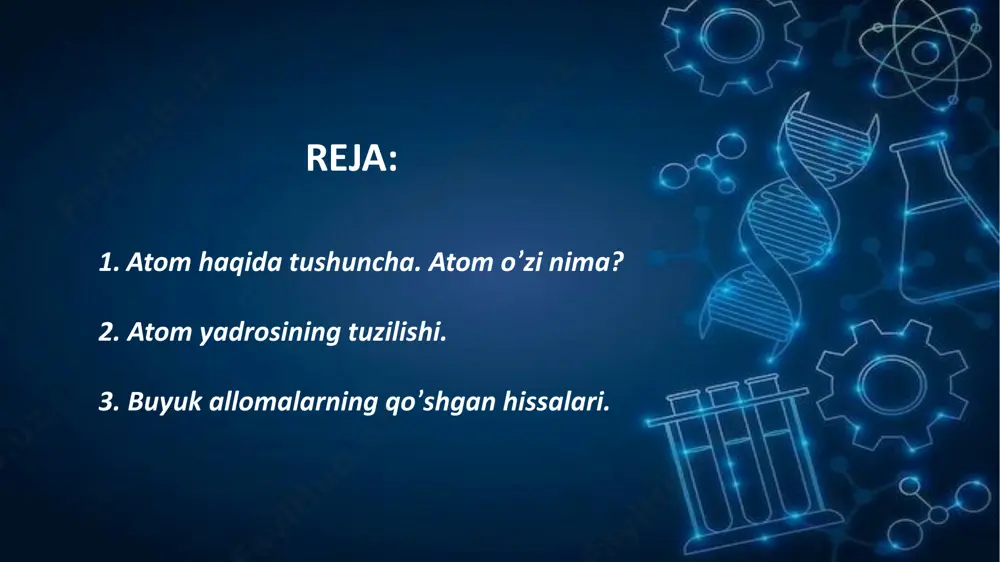 f etdi. elektronlarning sfera markaziga nisbatan tebranganda, atom yorug’lik nurlantiradi. tomson, elektronlar sfera markazi atrofida qatlam bo’lib guruhlanadi deb hisobladi. atom uchun tomson modeli ernest rutherford (1871-1937) tomson taklif etgan modelda atom massasi uning hajmi bo’yicha bir tekis taqsimlangan. bunday farazning xato ekanligini tez orada ingliz fizigi ernest rezerford isbotladi. u 1903-yilda f. soddi bilan birgalikda radioaktiv yemirilish nazariyasini yaratdi va bir element atomining boshqa element atomiga aylanishini isbotlab berdi. 1911-yilda atomning quyosh sistemasiga o’xshash planetar modelini yaratdi. niels bohr (1885-1962) daniyalik yahudiy fizik, hozirgi zamon fizikasi asoschilaridan biri. asosi atomning planetar modelidan, kvant taassurotlaridan va bor postulatiazmidan iborat bo’lgan atom nazariyasini yaratgan. bor atomining bor modelini ishlab chiqdi, unda u elektronlarning energiya darajalari diskret ekanligini va elektronlar atom yadrosi atrofida barqaror orbitalarda aylanishini, lekin bir energiya darajasidan (yoki orbitadan) ikkinchisiga sakrashi mumkinligini taklif qildi. u bir-birini to’ldiruvchilik tamoyilini o’ylab topdi. bor tafakkurida ham fan, ham falsafada bir-birini to’ldirish tushunchasi …