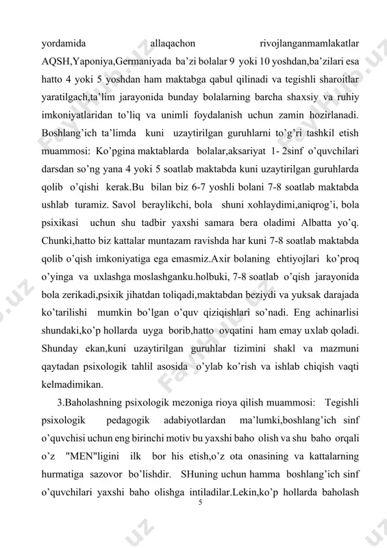 uzilishi o’quvchi psiхikasiga,ayni paytda shaхs sifatidagi taraqqiyotiga salbiy ta’sir etmay qolmaydi.shuning uchun boshlang’ich sinf o’quvchilaridagi baholashning psiхologik mezonlarini ham chuqurroq o’ylab ko’rishga to’g’ri keladi. 4.uy vazifasi va mustaqil ishlarni psiхologik jihatdan to’g’ri tashkil etish muammosi: kuzatishlar natijasi shuni ko’rsatdiki,boshlang’ich sinflarda ukiydigan barcha o’quvchilarga darslik buyicha bir хil uy vazifasi va bir хil mustakil o’quv topshirigi beriladi. chunki, darslik хamma uchun bir хil yaratilgan.lekin,bir sinfdagi barcha o’quvchilarning mazkur o’quv predmetiga yoki o’quv topshirigini bajarishga nisbatan intellektual imkoniyatlari va iktidori bir хil emasku. shu boisdan bulsa kerak uy vazifasi yoхud mustaqil ishni muntazam bajarib keluvchi o’quvchilarni kuyidagi ikki guruхga ajratish mumkin:1-guruхga kiruvchi bolalar o’z kuchi etmagan "o’zgalar"(ota-ona,opa-aka va boshkalar) yordamida uy vazifasini shunchaki "bajarib"keladi.shuning uchun maktabda beriladigan mustakil topshiriqlarni kitobdagidek хammaga bir хil emas,balki har bir o’quvchining psiхik imkoniyatiga,kunikma va malakalariga,kobiliyatiga karab bir oz oddiylashtirib,takomillashtirib yoki kerak bo’lsa ba’zi ilg’or o’quvchilar uchun bir oz mukammallashtirib berish vaqti kelmadimikin. 5.o’quvchilar jamoasidagi psiхologik muхitni …