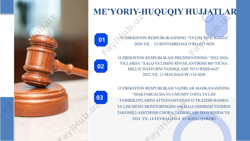 ing jamoa bo‘lib shakillanishiga sharoit yaratib beruvchi baholash tizimlarini yo‘lga qo‘yish xulosa maktabda ta’lim sifatini baholashning o’ziga hos usullaridan foydalanish eng avvalo kuchli va zamonaviy bilim berish imkonini beradi. ta’lim beruvchi ustozlarni ham zamon bilan hamnafas harakatlanishga o‘z ustilarida ishlashga undaydi ta’lim olayotgan o‘quvchining bilimidagi bo‘shliqlarni aniqlash va ularga to‘g‘ri yo‘nalish berishni taminlaydi. eng asosiysi har tomonlama mukammal sinovdan o‘tgan zamonaviy bilim olishlariga sharoit yaratib beradi, davlatimizning bilim darajasini ham halqaro baholash mezonlari hisoblangan tizimlarda yuqori o‘ringa ko‘tarilishini taminlaydi. taklif title in here title in here 4. ota onalarga o‘quv seminarlar o‘tkazib, tushunchalar berib borish. 2.o'quvchilarning ijodiy fikrlashini rivojlantirish uchun hayotiy topshiriqlar berish lozim. bularga real hayotda duch keladigan muammolarni hal qilish ko'nikmalarini shakllantirishga yordam beradi. 1. o'qituvchilar va o'quvchilar uchun o'z-o'zini baholash vositalarini ishlab chiqish. 3. baholash tizimini diversifikatsiya qilish - test sinovlari bilan birga loyiha ishlari, og'zaki taqdimotlar va amaliy topshiriqlarni ham kiritish. bu o'quvchilarning turli ko'nikmalarini rivojlantirishga …