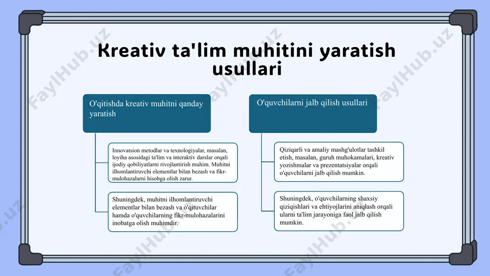 amaliyoti. toshkent davlat universiteti nashriyoti, 2019. 3. mamatov, a. talabalarning ijodiy fikrlashini rivojlantirish usullari. o‘zbekiston yoshlar nashriyoti, 2021. 4. rahimov, s. kreativ muhitni shakllantirishda pedagogik texnologiyalar. xalqaro pedagogika jurnali, 2022, 15(3), 45-58. 5. tashkent universiteti pedagogika fakulteti. kreativ ta'lim muhitini yaratish metodikalari. toshkent, 2018. e'tiboringiz uchun rahmat! image1.png image6.png image7.png image8.png image9.png image10.png image11.png image24.jpg image25.jpg image26.jpg image27.jpg image18.png image19.png image20.png image21.png image22.png image23.png