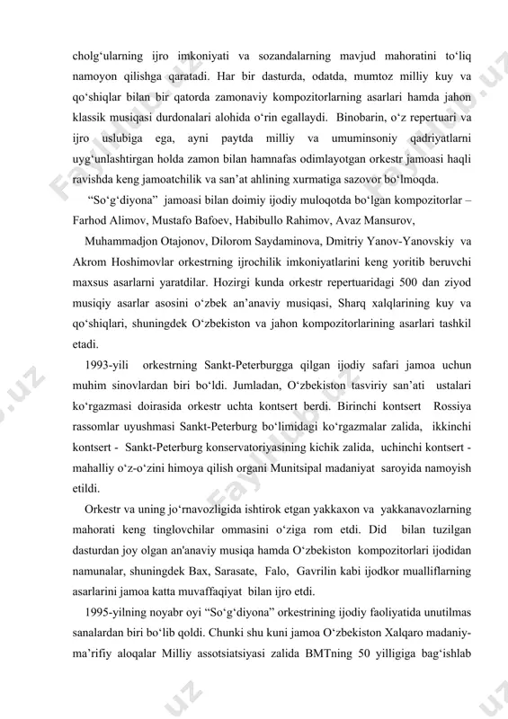 g 50 yilligiga bag‘ishlab o‘tkazilgan konsertda munosib qatnashdi. do‘stlik uyida yig‘ilgan ijodiy uyushmalarning vakillari va jurnalistlarni “so‘g‘diyona” orkestri o‘z konsert dasturi bilan bir necha daqiqa bo‘lsada sharq musiqa va poeziyasining qadimiy va zamonaviy dunyosidan bohabar etish baxtiga musharraf bo‘ldi. 1999-yili “so‘g‘diyona” jamoasining yangi konsert mavsumining ochilishiga tayyorlangan dasturini tinglagan toshkentdagi gyote instituti rahbari elizabet lottaro xonim o‘z dil so‘zlarini quyidagicha ifodalaydi: “men ijrochilarning yuqori professional mahoratidan hayratdaman, “so‘g‘diyona” dasturini birinchi marta tinglashim emas, lekin bugun yangi asarlari bilan tanishdim. bu o‘ziga xos ajoyib jamoa, ularning ijodiy diapazoni juda keng, ijrochilari esa ham yoqimtoy, ham tinglovchilar bilan osongina jonli muloqot olib borish mahoratiga ega. men har safar orkestr konsertidan olam-olam estetik zavq olaman va rohatlanaman” . f.abdurahimova tashabbusi bilan 2001-yilning 10-15 may kunlari “toshkent bahori - 2001” nomli i-xalqaro milliy cholg‘ular ansambli va orkestrlarining festivali bo‘lib o‘tdi. bu anjumanning o‘tkazilishi pirovardida “so‘g‘diyona” jamoasining xalqaro obro‘-e’tibori yanada ortdi. ushbu ajoyib festival zarafshonnyumont …