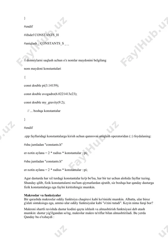 sturga fizik konstantalarga ega faylni kiritishingiz mumkin. makroslar va funksiyalar bir qarashda makroslar oddiy funktsiya chaqiruvi kabi ko'rinishi mumkin. albatta, ular biroz g'alati sintaksisga ega, ammo ular oddiy funktsiyalar kabi "o'zini tutadi". keyin nima farqi bor? makroni shartli ravishda dastur kodini qayta ishlash va almashtirish funktsiyasi deb atash mumkin: dastur yig'ilgandan so'ng, makrolar makro ta'riflar bilan almashtiriladi. bu yerda qanday bu o'xshaydi : #include #sum(x, y) (x + y) ni aniqlang int main(int argc, char *argv[]) { int a = 5; int b = 10; int sum = sum(a, b); printf("%d\n", summa); } ushbu kod quyidagilarga aylantiriladi: /* qayta ishlangan kod o'tkazib yuborilgan */ int main(int argc, char *argv[]) { int a = 5; int b = 10; int sum = (a + b); printf("%d\n", summa); } funktsiya chaqirilganda, u uchun yangi stek ramkasi ajratiladi va u mustaqil ravishda bajariladi va kodning qaysi joydan chaqirilganiga bog'liq emas. shunday qilib, turli …