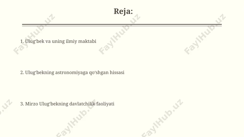 hisob-kitoblarga juda yaqin. ulug'bekning “ziji ko'tobiy” asarida 1018 ta yulduzning koordinatlari aniqlik bilan belgilangan bo'lib, bu o'rta asr astronomiyasida beqiyos yutuq hisoblanadi. mirzo ulug‘bekning davlat arbobi sifatidagi faoliyati uning davrida adolatli soliq tizimi joriy etildi, bu esa iqtisodiy o‘sishni ta’minladi va davlat daromadlarining sezilarli darajada oshishiga olib keldi, taxminan 30% ga yaqin. ulugh beg samarqandni 1409-yildan 1449-yilgacha boshqargan, bu davrda shahar markaziy osiyodagi eng yirik ilmiy va madaniy markazga aylandi, uning hukmronligi davrida ko‘plab masjidlar, kutubxonalar va madrasalar qurildi. ulug‘bek haqidagi zamonaviy tadqiqotlar so'nggi o'n yillikda ulug'bekning samarqanddagi kutubxonasi va uning boy kitob fondiga oid yangi manbalar topildi va tadqiq etildi, bu uning intellektual merosini yanada chuqurroq tushunishga imkon berdi. ulug'bekning astronomik kuzatuvlariga bag'ishlangan zamonaviy tadqiqotlar uning zij-i sultoniydagi 1018 yulduzning koordinatalarini aniqligini 1-2 daraja daqiqasi bilan tasdiqladi. e'tiboringiz uchun rahmat @taqdimot_robot image2.jpg image3.jpg image4.jpg image5.jpg image6.jpg image7.jpg image8.jpg