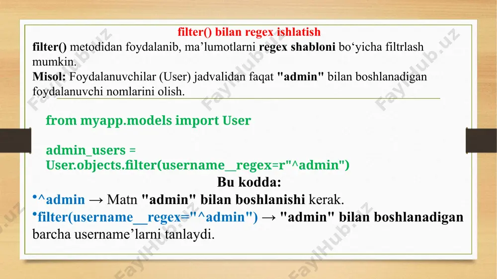 id'), re_path(r'^user/(?p [a-za-z]+)/$', views.user_detail_by_username, name='user-detail-username'), ] 🔹 bu kodda: (?p \d+) → faqat raqamli id larni qabul qiladi. (?p [a-za-z]+) → faqat harfli username larni qabul qiladi. re_path() → bu yerda regex asosida url yo‘naltirish amalga oshiriladi. django views ichida regex bilan so‘rovlarni tekshirish django views ichida get yoki post so‘rov ichidagi ma’lumotlarni regex yordamida tahlil qilish mumkin. misol: post so‘rovda telefon raqamni tekshirish import re from django.http import jsonresponse from django.views import view class phonevalidationview(view): def post(self, request, *args, **kwargs): phone = request.post.get("phone", "") # telefon raqam regex shabloni pattern = r"^\+998\d{9}$" if re.match(pattern, phone): return jsonresponse({"message": "telefon raqam to‘g‘ri!"}) else: return jsonresponse({"error": "telefon raqam noto‘g‘ri!"}, status=400) 🔹 ushbu kodda: post so‘rov ichidagi telefon raqamni regex bilan tekshiryapmiz. ^\+998\d{9}$ → "998" bilan boshlanadigan va 9 ta raqamga ega bo‘lgan telefon raqamlari qabul qilinadi. re.match(pattern, phone) → agar raqam regex pattern’ga mos kelsa, to‘g‘ri deb qaytariladi. middleware ichida regex bilan …
