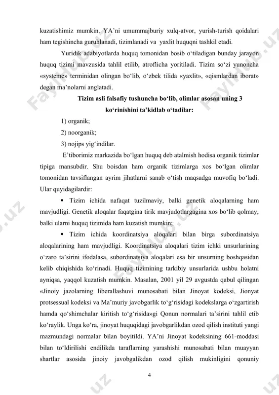 to‘g‘risida»gi qonun normalari ta’sirini tahlil etib ko‘raylik. unga ko‘ra, jinoyat huquqidagi javobgarlikdan ozod qilish instituti yangi mazmundagi normalar bilan boyitildi. ya’ni jinoyat kodeksining 661-moddasi bilan to‘ldirilishi endilikda taraflarning yarashishi munosabati bilan muayyan shartlar asosida jinoiy javobgalikdan ozod qilish mukinligini qonuniy mustahkamladi. ushbu norma asosida jinoiy javobgarlikdan ozod qilish tartibi masalasi jinoyat protsessual huquqida yangi institutni vujudga keltirdi: yarashuv to‘g‘risidagi ishlarni yuritish tartibi instituti. har qanday tizim tarkibiy qismlarining xususiyatlari yaxlit qonuniyatlardan kelib chiqadi. tizim va uning unsurlari o‘zaro bog‘liqligi shunchalik uzviyki, ularning yakka o‘zi mustaqil mavjud bo‘lish imkoniga ega emas. ushbu jihatni ham jinoyat huquqi sohasi misolida tahlil etishga urinib ko‘ramiz. jinoyat kodeksinig 2- moddasi mazmuniga ko‘ra, jinoyat huquqi sohasining asosiy vazifasi shaxsni, uning huquq va erkinliklarini, jamiyat va davlat manfaatlarini, mulkni, tabiiy muhitni, tinchlikni, insoniyat xavfsizligini jinoiy tajovuzlardan qo‘riqlashdan iboratdir. endi jinoyat huquqining dastlabki va birlamchi unsuri bo‘lmish biron-bir jinoyat huquqi normasini olaylik. jinoyat kodeksining 169-moddasida ifodalangan huquq normasi …