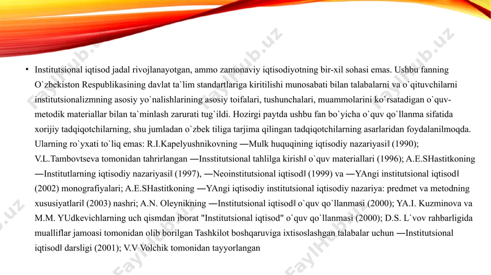 sh kerak, ya`ni odatiy fikrlash usullari va umumiy qilingan hatti-harakatlar. asosiy asarlarining nomlari ―bo`sh vaqt sinfi nazariyasi‖ (1899), ―mahorat instikti‖ (1914), ―muhandislar va narx tizimi‖ (1921), ―yo`qlar mulki‖ (1923) va boshqalar jamiyatning ijtimoiy-iqtisodiy rivojlanishi muammolariga alohida qarashlarini ta`kidlaydi. buning asosiy nazariy qoidalari sirasiga quyidagilar kiradi: u jamiyatning evolyutsion o`zgarishiga bo`lgan ishonchini charl`z darvinning tabiat evolyutsiyasi nazariyasining o`ziga xos sinishiga asoslanadi jamiyatdagi inson hayoti, xuddi boshqa turlarning hayoti kabi, bu kurash va mavjudlikdir va shuning uchun u tanlash va moslashish jarayonidir. ijtimoiy tuzumning evolyutsiyasi ijtimoiy institutlarning tabiiy tanlanish jarayoni edi‖. shu bilan birga, u ―sinfiy ekspluatatsiya‖ va ishchilar sinfining ―tarixiy missiyasi‖ haqidagi marksistik qoidalarni inkor etadi – odamlarning iqtisodiy motivlari birinchi navbatda ota-ona tuyg`ulari, bilimga instiktiv hohish va bajarilgan ishning yuqori sifati bilan bog`liq. ―bo`sh vaqt sinfi‖ nazariyasida ―egalik qiluvchi noishlab chiqarish‖ sinfining iqtisodiy jarayonga munosabati t.veblen ―ishlab 8 chiqarish emas, ekspluatatsiya, foydalilik emas‖ munosabati sifatida tavsiflanadi. yirtqichlik yoki parazitlik qonunlari …