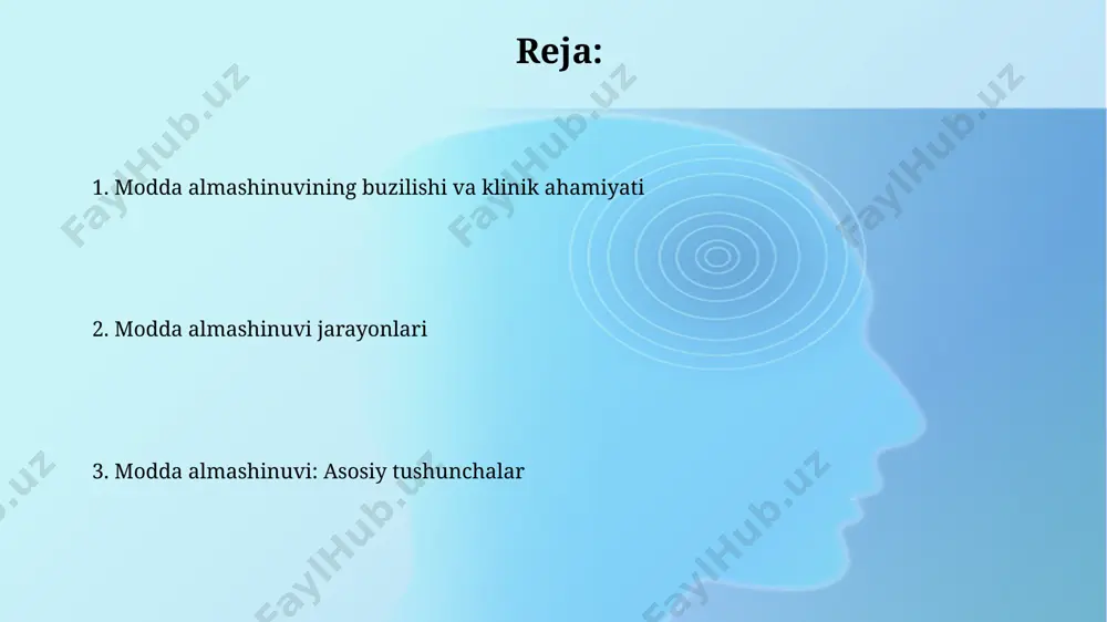 (yog' kislotalari sintezi uchun) hosil qiladi, bu esa 6 karbonli glyukozani ishlatadi. metabolik kasalliklar qandli diabet 1 turi, metabolik kasallik sifatida, insulin ishlab chiqarishning yetishmovchiligi natijasida qonda glyukoza miqdorining 126 mg/dl dan oshib ketishiga olib keladi. metabolik kasalliklar ko'pincha genetik mutatsiyalar natijasida kelib chiqadi, bu fermentlar yoki transport proteinlarining disfunksiyasiga olib keladi va moddalar almashinuvini buzadi. modda almashinuvi metabolizmi metabolizmning katabolik bosqichi murakkab molekulalarni oddiyroq birikmalarga parchalaydi, shu jarayonda energiya ajralib chiqadi, masalan, glikolizda 1 mol glyukozadan 2 mol atf hosil boʻladi. modda almashinuvi metabolizmi oqsillar, uglevodlar va lipidlar kabi ozuqa moddalarini qayta ishlash orqali energiya ishlab chiqarish hamda hujayralar uchun zarur boʻlgan molekulalarni sintezlashni oʻz ichiga oladi. e'tiboringiz uchun rahmat @taqdimot_robot image3.jpg image4.jpg image5.jpg image6.jpg image7.jpg image8.jpg image9.jpg image1.png