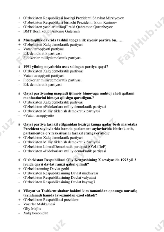 sifat indeksida # o’zbekiston bugungi kunda qaysi qo’shni davlatlar o’rtasida bog’lovchi halqa vazifasini o’tab kelmoqda? + qozog’iston, qirg’iziston, tojikiston, turkmaniston va afg’oniston - hindiston,pokiston,tojikiston, turkmaniston va afg’oniston - qozog’iston, qirg’iziston,xitoy,tojikiston va afg’oniston - rossiya, qirg’iziston, tojikiston, turkmaniston va afg’oniston # o’zbekistonda sovet tuzumi davrida qanday iqtisodiy siyosat olib borilgan? + rejalashtiruvchi iqtisodiy siyosat - bozor iqtisodiyotiga o’tish siyosati - bosqichmabosqich iqtisodiy siyosat - bosqichmabosqich ijtimoiy siyosat # huquqshunoslikda huquqbuzarga nisbatan qo’llaniladigan va uning uchun muayyan oqibatlar keltiruvchi chora bu—….? + sanksiya - strategiya - konsepsiy - konversiya # xalq deputatlari kengashlari ishining asosiy tashkiliy – huquqiy shakli bu…… + sessiya - majlis - qurultoy - chaqiriq # quyidagi qaysi rang qonun ustuvorligi va ornomuslilik ramzi? + siyoh rang - tilla rang - moviy havorang - oq rang # jamiyatda demokratik huquqiy davlat barpo etishning asosiy garovi nima hisoblanadi? + siyosiy partiyalarning erkin faoliyat ko’rsatishi - siyosiy partiyalarning viloyat tomonidan faoliyat …