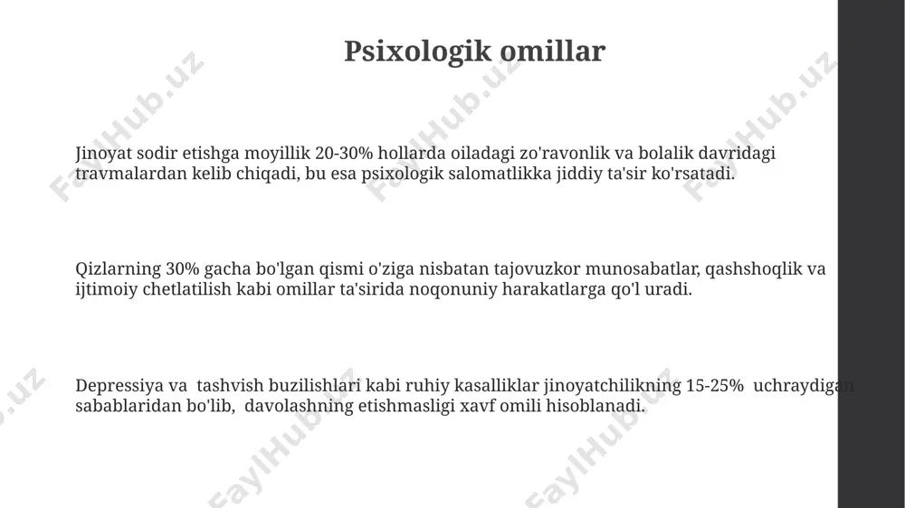 oli huquqni muhofaza qilish organlari jinoyatchilikning 30% gacha oldini olishga yordam beradigan profilaktika dasturlarini, jumladan, ayollarga qaratilgan zo’ravonlikka qarshi kurash bo‘yicha treninglarni amalga oshirishi mumkin. ayollar orasida jinoyatchilikning oldini olish bo‘yicha samarali strategiya sifatida huquqni muhofaza qilish organlari tomonidan 15 yoshdan 25 yoshgacha bo‘lgan yoshlar orasida huquqiy savodxonlikni oshirishga qaratilgan maxsus dasturlarni ishlab chiqish muhimdir. jinoyat sodir etilganidan keyin tergov ishlarini tez va samarali o‘tkazish, shu jumladan, guvohlar bilan ishlash va dalillarni to‘plash orqali aybdorlarni 90% gacha aniqlashga imkon beradi va kelgusidagi jinoyatlarning oldini oladi. kelajakdagi istiqbollar ayollar o'rtasida jinoyatchilikning oldini olishga qaratilgan ta'lim dasturlarini 15-25 yosh oralig'ida qizlar orasida keng qo'llash, statistik ma'lumotlarga ko'ra, jinoyatchilik darajasini 10% ga kamaytirishi mumkin. jinoyatchilik profilaktikasi bo'yicha jamoatchilik bilan ishlash dasturlarini samaradorligini baholash uchun 5 yillik monitoring tizimini joriy etish, 20% ga aniqroq prognozlarni ta'minlaydi. kelajakda jinoyatchilikning oldini olish bo'yicha dasturlarni rivojlantirishda sun'iy intellekt texnologiyalaridan foydalanish 30% ga samaradorlikni oshirishi mumkin. ta'limning roli …