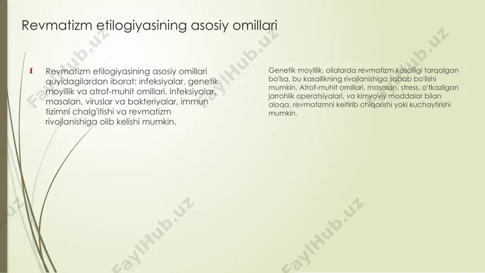 i davolash rejasini ishlab chiqishda muhim ahamiyatga ega. patologik anatomiyaning ahamiyati diagnostikada patologik anatomiyaning diagnostikada ahamiyati shundaki, u kasalliklarni aniqlash va ularning rivojlanish mexanizmini tushunishga yordam beradi. bu esa, to'g'ri davolash usullarini tanlashda muhimdir. diagnostik natijalarning tahlili va shartlari diagnostik natijalarni tahlil qilish, shuningdek, ularni to'g'ri talqin qilish uchun zarur shartlar mavjud. bunga, kasallik tarixini o'rganish, simptomlarni aniqlash va boshqa diagnostik tekshiruvlar kiradi. kelajakdagi istiqbollar patologik anatomiyaning diagnostika sohasida rivojlanishi, yangi texnologiyalar va metodlarni joriy etish orqali amalga oshiriladi. bu esa, bemorlarni to'g'ri va samarali davolash imkoniyatlarini oshiradi. xulosa revmatizm - bu muhim sog'liq muammosi bo'lib, uning asosiy belgilariga og'riq, shish, va harakat cheklanishi kiradi. ushbu kasallik ko'pincha infektsiyalar, genetik omillar va atrof-muhit ta'siri natijasida yuzaga keladi. immun tizimi revmatizmda muhim rol o'ynaydi, chunki u yallig'lanish jarayonlarini va to'qimalarga zarar yetkazuvchi mexanizmlarni faollashtiradi. diagnostika usullari, shu jumladan patologik anatomiyani o'rganish, revmatizmni aniqlashda muhim ahamiyatga ega. e'tiboringiz uchun rahmat! image1.png image2.png …