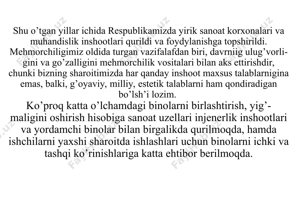 o’z ichiga olgan bo’lishi kerak, hamda texnologik jarayonni o’zgarishiga va rivojlanishiga xizmat qilsin. 2) texnik talab biioning mustahkam, bikir, chidamli bo’lshini, ishchilar uchun xavfli bo’lgan yong’in va portlashlarni, hamda binoni industrial usul bilan tiklashni ta’minlaydi. bu talablar binodagi sa’nitar, texnik va muhandislik jihozlariga ham tegishli hisoblanadi. loyihalashda va qurilishda bino tuzilmalarining mustahkamligi, bikirligi va chidamliligi binodan foydalanishda, uni ishonchliligini aniqlaydi. ishonchli bino deganda, unda hisobiy foydalanish davri mobaynida har hil kuchlar va tabiiy - iqlimiy ta’sirlar ostida ishlash qobiliyatini yo’qotmasligiga aytiladi. 3) mehmorchilik - badiiy talab, sanoat binolar tashki qiyofasi ko’rinishli, badiiy tomonlari qoniqarli bo’lishi kerak. bino me’morchiligi kompleks imoratlar va tashqi muhit bilan garmonik bog’langan bo’lishi talab etiladi sanoat binolari chiroyi, uning elementlarini proporsional va ritmik joylashishiga, hamda yuqori sifatli montaj va pardoz ishlariga bog’liqdir. binoga mahmuriy ko’rinish berish uchun yo’ma, o’rama materiallarga mos ranglar tanlanadi. bino interg’eri xonaning funkqional holatiga to’g’ri kelishi, ishchilarni estetik talablariga javob berishi kerak. …