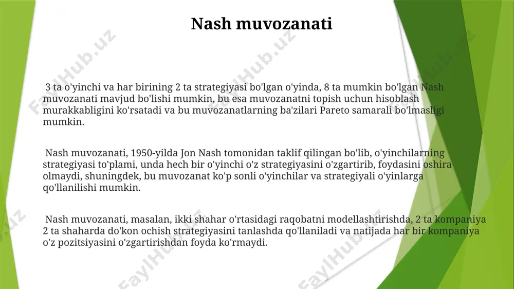 lar kooperativ o'yinlarda, masalan, 3 ta o'yinchining 2 ta strategiyadan foydalanishi mumkin bo'lgan ko'p sonli tenglamalarni hal qilish uchun lineer algebraik usullardan foydalaniladi, bu esa optimal natijaga erishishga yordam beradi. kooperativ o'yinlarda pareto optimalligi tushunchasi muhim ahamiyatga ega bo'lib, 2 yoki undan ortiq o'yinchilarning foydasini yaxshilash imkoniyati bo'lmagan natijalarni belgilaydi. 1950-yillarda jon nashning nashr etilgan ishlari tufayli, kooperativ o'yinlar nazariyasi, ayniqsa, aqsh va yevropa mamlakatlaridagi iqtisodiy modellashtirishda keng qo'llanila boshlandi. auksionlar va tenderlar xitoyda 2022-yilda amalga oshirilgan infratuzilma loyihalari tenderlarida, taxminan 150 milliard yuanlik shartnomalar tuzilgan bo'lib, bu yerda raqobat juda yuqori darajada bo'lgan. 2000-yillarning boshlarida aqshda o'tkazilgan elektron auktsionlarda 20 dan ortiq kompaniyalar ishtirok etib, 50 million dollarga yaqin aktivlar sotilgan. o'zbekistondagi davlat xaridlari tenderlarida, qoida tariqasida, kamida 3 ta taklif beruvchi bo'lishi shart bo'lib, minimal qatnashish haqi 100000 so'mni tashkil etadi. kooperativ bo'lmagan o'yinlar 1950-yillarda jon nash tomonidan ishlab chiqilgan nash muvozanati, kooperativ bo'lmagan o'yinlar nazariyasining asosiy tushunchasi …