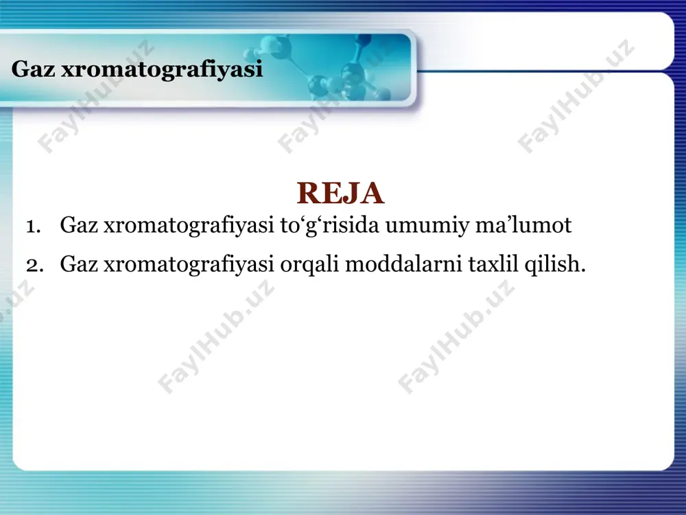 vjud, jumladan, bo'linadigan, bo'linmaydigan va ustunli in'ektsiyalar, har biri har xil turdagi tahlillar uchun mos keladi. usulni tanlash sezgirlik va piksellar sonini ta'sir qiladi. www.themegallery.com metodologiyasi operatsion sharoitlar: eng yaxshi ajratishga erishish uchun kalonka harorati, tashuvchi gaz oqimi tezligi va bosim kabi asosiy parametrlarni optimallashtirish kerak. murakkab aralashmalarning tahlilini kuchaytirish uchun haroratni dasturlash ko'pincha qo'llaniladi. kalibrlash va tasdiqlash: ma'lum standartlar bilan kalibrlash miqdoriy tahlil uchun zarurdir. o'ziga xoslik, chiziqlilik, aniqlik va aniqlikni baholashni o'z ichiga olgan usulni tekshirish natijalarning ishonchliligini ta'minlaydi. www.themegallery.com tadqiqot tartibi gaz xromatografidagi aralashmalarni o'rganishning o'zi quyidagicha: kirish qurilmasiga namuna olish. sinov moddasining oz miqdori maxsus dispenser yordamida kirish moslamasiga joylashtiriladi. bu erda suyuq namunalarning bug'lanishi, keyinchalik xromatografik ustunga kirish sodir bo'ladi. www.themegallery.com tadqiqot tartibi aralashmani monokomponentlarga bo'lish. aralashma bir vaqtning o'zida eluent va statsionar faza o'rtasida moddalarning sorbsiya-desorbsiya jarayonlari sodir bo'lganda alohida elementlarga bo'linadi. monokomponentlar va tashuvchi gazni detektorga o'tkazish. bu erda fizik-kimyoviy xossalari jihatidan tashuvchi …