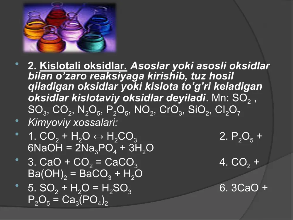 iyalanadi: nahso4↔na++hso4-; hso4- ↔ h+ + so4-2 оlinishi: 1. kislotalarga oz miqdorda asos ta’sir etirib: h2so4 + koh = khso4 + h2o 2. normal tuzlarga kislotalar ta’sir etirib: ca3(po4)2 + h3po4 = 3cahpo4 ca3(po4)2 + h3po4 = ca(h2po4)2 3. ishqorlarga kislotali oksidlar mo’l miqdorida ta’sir etirib: ba(oh)2 + 2co2 = ba(hco3)2 4. tuzlar gidrolizga uchraganda: k2co3 + h2o = khco3 + koh 3. gidroksid tuzlar. tarkibida metall atomi kislota qoldig’i va gidroksid guruh bo’lgan tuzlarga gidroksid tuz deyiladi. mn: сr(oh)2no3, mgohci, fe(oh)2ci. gidroksidli tuzlar - suvli eritmada quyidagicha dissotsiyalanadi: mgohci mg2+ + oh- + ci-