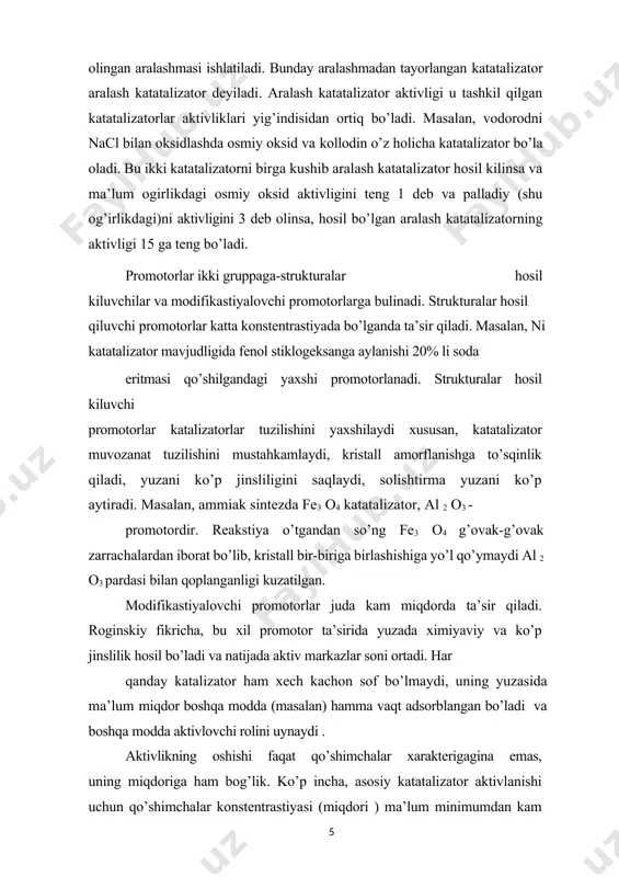 zator mavjudligida reakstiyaning tezlanishiga asosiy sabab aktivlanish energiyasining kamayishi deyilgan edi. katalizator aktivligini turli qo’shimcha ta’sirida o’zgarishiga sabab aktivlanish energiyasi bilan bir katorda arrenius tenglamasidagi (xi.31) k=k*e-e/2t eksponestial oldidagi sonni (r0) o’zgarishi ekanligi aniqlandi. katalizator aktivligi o’zgarganda e ni qiymati kamayishi bilan bir katorda r0 qiymati ortadi, bir effekt ikkinchi effekt bilan koplanadi. bu hodisa kompensastion (qoplanish) effekt deyiladi. bu miqdor kuyidagi tenglama bo’yicha o’zgaradi. biror t temperaturada e ning kamayishi r0 ning ko’p ayishi bilan to’la qoplanadi va bunday katalizator aktivligi o’zgarmasdan qoladi. aktivlik egri chizig’ining minimum va maksimumdan o’tishiga sabab e, r0 ning karama- karshi tomonga o’zgarishidir. foydalanilgan adabiyotlar ro’yxati 1. “neft va gazni qayta ishlashda katalitik jarayonlar” ma’ruza matni. safarov b.j. buxoro 2012 y. 2. h.r.rustamov, sh.p.nurullayev. “fizikaviy kimyo”. toshkent 2011 y. 376 bet. 3. кравцов а.в., ивашкина е.н., юрьев е.м теоретические основы каталитических процессов переработки нефти и газа: учебное пособие. – томск: изд-во тпу, 2009. – …
