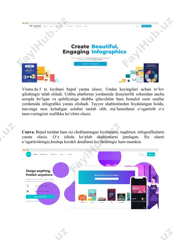 u yerda siz marketing, dizayner kabi sohalar boʻyicha berib boriladigan maqolalar va tavsiyalar bilan ham tanishib borishingiz mumkin. adobe spark. fotosuratlar sifati, katta baza mavjud ekanligi va boshqa ilovalarga nisbatan chuqurroq integratsiyalashgani uchun uni koʻplab foydalanuvchilar yoqtirishadi. adobe spark vaqtingizni tejaydi. deyarli barcha mavzudagi shablonlar mavjud ekanligi sababli qisqa vaqtda kerakli koʻrinishdagi infografikani yaratish imkonini qoʻlga kiritasiz. ish jarayonida sizda oddiy koʻrinishdagi infografika paydo boʻladi va unga toʻgʻri ishlov bera olishingiz kerak. ish yakuniga yetgach esa, loyihangizni istalgan formatda saqlay olasiz. adobe spark ning kuchli tomoni shundaki, platformaga qoʻshilgan, kiritilgan yangiliklarni siz bepul versiya yangilashingiz va foydalanishingiz mumkin. - professional grafik dizayner dasturi; - texnogolik yoki ijodiy jihatdan cheklovlarga uchramaysiz. adobe illustrator da infografikani sozlash haqiqatan ham jozibali narsalarni yaratishga imkon beradi. grafiklar vositasi yordamida tushunish va foydalanish oson boʻlgan maʼlumotlarni uzatish uchun oqim diagrammalari, vaqt jadvali infografikasi va ustunli diagrammalarni yaratishingiz mumkin.unutmaslik kerakki, ushbu platforma infografika yaratish uchun eng …