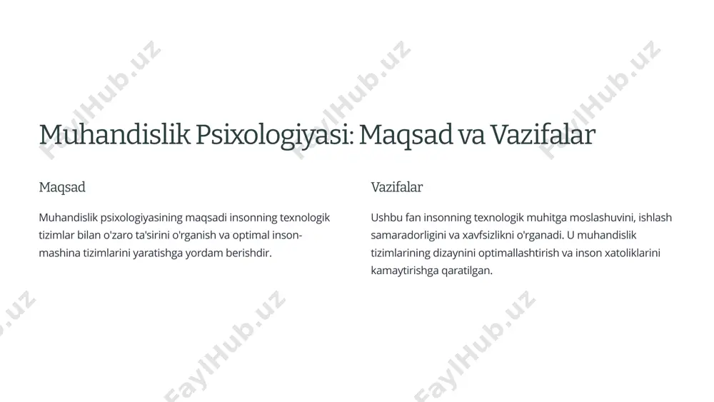 hliligi imsning ishlash samaradorligini va xavfsizlikni ta'minlaydi. 5 xotira va qaror qabul qilish 1 xotira xotira o'tgan voqealar va ma'lumotlarni saqlash va qayta chaqirish qobiliyatidir. imsda u operatordagi tajriba va bilimni yig'ishga imkon beradi. 2 qaror qabul qilish qaror qabul qilish turli xil variantlarni baholash va eng yaxshi tanlovni qilish jarayonidir. imsda u operatordan tez va aniq qarorlar qabul qilishni talab qiladi. 3 ahamiyati xotira va qaror qabul qilish qobiliyatlari imsning samaradorligini va xavfsizlikni ta'minlashda muhim rol o'ynaydi. 6 interfeyslarni loyihalashtirish 1 oddiylik interfeys oddiy va tushunarli bo'lishi kerak, shunda foydalanuvchi uni osonlikcha o'rganishi va ishlatishi mumkin. 2 moslashuvchanlik interfeys turli xil foydalanuvchilarning ehtiyojlariga moslashtirilishi kerak, masalan, turli til va qobiliyatlarga moslashuvchanlik. 3 samaradorlik interfeys foydalanuvchiga vazifalarni samarali bajarish imkonini berishi kerak, ya'ni uning ishlashini tezlashtirishi va xatoliklar sonini kamaytirishi kerak. 4 estetika interfeys yoqimli va jozibador bo'lishi kerak, shunda foydalanuvchi uni ishlatishdan zavq olishi mumkin. 7 ergonomika va muhandislik …