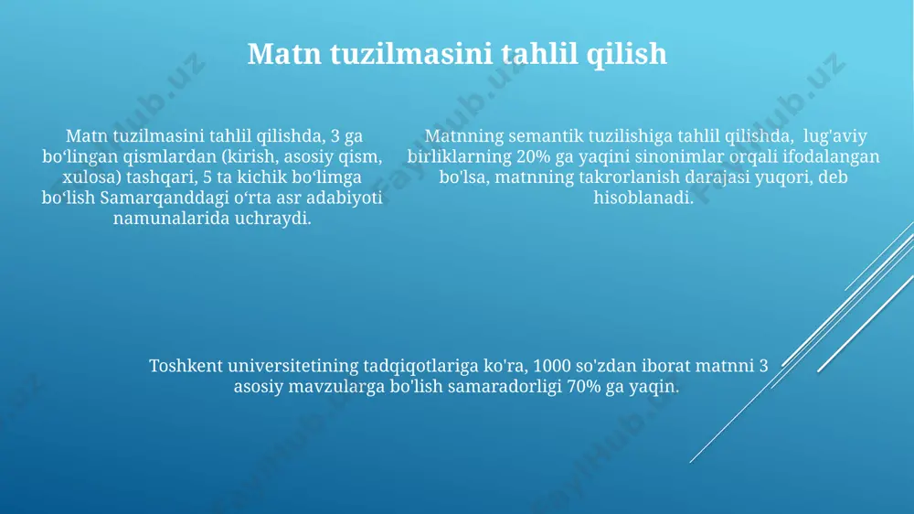 i maktablarda qoʻllanilishi mumkin. rejalashtirish 4 bosqichli jarayon (tahlil, sintez, umumlashtirish, tuzish) boʻlib, matn mazmunini 2-3 marta oʻqib chiqish orqali 80% ga samaradorlikni oshiradi, masalan, fargʻona viloyati maktablarida. e'tiboringiz uchun rahmat @taqdimot_robot
