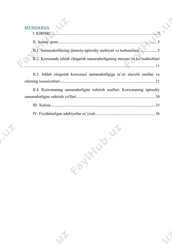 iyotida qo’lga kiritilayotgan yuksak natijalar, eng avvalo, yangidan-yangi zamonaviy tarmoq va ishlab chiqarish quvvatlarining yo’lga qo’yilishi, buning ta’sirida mamlakatimiz iqtisodiy salohiyatining sezilarli darajada ortib borayotgani, yaratilayotgan mahsulot va ko’rsatilayotgan xizmat turlarining ko’payib, sifatining tubdan yaxshilanib borishi, bir so’z bilan aytganda, iqtisodiyotimizning yangicha mazmun va mohiyat kasb etib borishida mustaqil taraqqiyot yo’lining to’g’ri tanlangani, amalga oshirilayotgan iqtisodiy siyosat strategiyasining har tomonlama puxta asoslangan hamda xalqimizning fidokorona mehnati eng muhim va asosiy omil bo’lib xizmat qilmoqda. o’zbekiston davlatining qudratini mustahkamlash, aholining moddiy va ma’naviy ne’matlarga bo’lgan ehtiyojlarini to’laroq qondirish, kelajakda esa, ularni mo’l-ko’l yaratish, iqtisodiy va ilmiy-texnika sohasida eng rivojlangan davlatlar qatoridan joy olishda ishlab chiqarish korxonalari samaradorligiga bevosita bog’liqdir. shu sababli ham, jahon moliyaviy-iqtisodiy inqirozi sharoitida ishlarish korxonalari samaradorligini oshirish jiddiy masalalardan biri hisoblanadi. mamlakatimizni mustaqillikka erishganligi, qudratli iqtisodiy va ilmiy-texnik salohiyat yaratilayotganligi, ijtimoiy-iqtisodiy munosabatlarning takomillashayotganligi ishlab chiqarish samaradorligini oshirish masalalarini birinchi o’ringa qo’yadi. binobarin, respublikamiz prezidenti islom abdug’anievich karimov o’z …