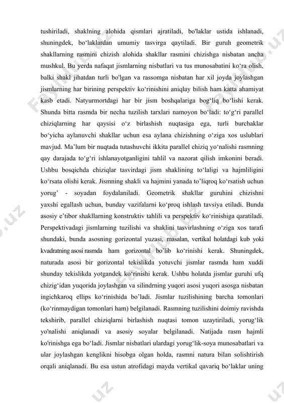 ng turli xillaridan qalamchizgi mashqlarini bajaradilar. o‘zbek milliy xalq me’morchiligida qo‘llaniladigan “morpech” bo‘lagini o‘ziga qarab mustaqil tasvirlaydilar. ' adabiyotlar: 1. baymetov b. “qalamtasvir”. darslik 1-qism. - toshkent, 2006. 2. мuratov х.х. “qalamtasvir”, тоshkent, ijod-print, 2020. 3. xalilov r. рисунок toshkent «navruz» 2013 4. mirziyoev sh.m. tanqidiy tahlil, qat’iy tartib intizom va shxsiy javobgarlik-har bir rahbar faoliyatining kundalik qoidasi bo‘lishi kerak. o‘zbekiston 5. respublikasi vazirlar mahkamasining 2016 yil yakunlari va 2017 yil istiqbollariga bag‘ishlangan majlisidagi o‘zbekiston respublikasi prezidentining nutqi. // halq so‘zi gazetasi. 2017 yil 16 yanvar, № 11 6. mirziyoev sh.m. buyuk kelajagimizni mard va olijanob xalqimiz bilan birga quramiz. toshkent, “o‘zbekiston”, 2017 yil 7. mirziyoev sh.m. qonun ustuvorligi va inson manfaatlarini ta’minlash-yurt taraqqiyoti va xalq faravonligining garovi.toshkent, “o‘zbekiston”, 2017 yil 8. b.boymetov “portret qalamtasviri” pedagogika institutlari va universitetlari talabalari uchun o‘quv qo‘llanma. toshkent, 2001. 9. tojiev b, mahkamova s. “qalamtasvir” (dastlabki saboqlar). metodik qo‘llanma. toshkent, 2013.