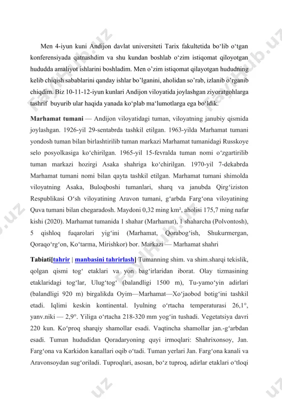 ya davri 220 kun. koʻproq sharqiy shamollar esadi. vaqtincha shamollar jan.-gʻarbdan esadi. tuman hududidan qoradaryoning quyi irmoqlari: shahrixonsoy, jan. fargʻona va karkidon kanallari oqib oʻtadi. tuman yerlari jan. fargʻona kanali va aravonsoydan sugʻoriladi. tuproqlari, asosan, boʻz tuproq, adirlar etaklari oʻtloqi boʻz, oʻtloqi, botqoq-oʻtloqi tuproq. yovvoyi oʻsimliklardan shuvoq, shoʻra va boshoqlilar, efemer va efemeroidlar, soy boʻylarida va yer osti suvlari yuzaroq joylarda tol, terak, turli xil butalar usadi. yovvoyi hayvonlardan tulki, boʻri, chiyaboʻri, kuyon yashaydi. aholisi, asosan, oʻzbeklar. shuningdek, tojik, qirgʻiz, rus, tatar, koreys, uygʻur, qozoq, ukrain va boshqa ham yashaydi. 1 km² ga oʻrtacha 374 kishi toʻgʻri keladi (2000). shahar aholisi 17,8 ming kishi, qishloq aholisi 102 ming kishi (2000). xoʻjaligi[tahrir | manbasini tahrirlash] marhamat tumanida ip yigiruv va toʻquv f-kasi, elektrotexnika, non, meva va sabzavotlarni qayta ishlash va vino quyish zavodlari, „uzrospodshipnik“ qoʻshma korxonasi, „oʻkchi“ paxta tozalash zavodi hamda qurilish, transport va aloqa, savdo va maishiy xizmat koʻrsatish korxonalari …