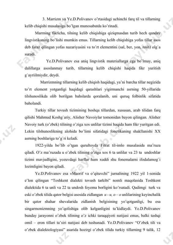 osh foyema borligini ko’rsatadi. qadimgi turk va eski o’zbek tilida qator belgisi asosida zidlangan u - u, o – o unlilarining keyinchalik bir qator shahar shevalarida zidlanish belgisining yo’qotganligi, bu esa singarmonizmning yo’qolishiga olib kelganligini ta’kidlaydi. ye.d.polivanov bunday jarayonni o’zbek tilining o’z ichki taraqqiyoti natijasi emas, balki tashqi omil – eron tillari ta’siri natijasi deb tushunadi. ye.d.polivanov “o’zbek tili va o’zbek dialektologiyasi” asarida hozirgi o’zbek tilida turkiy tillarning 9 talik, 12 talik unlilar tizimidan, shuningdek, 9 talik eski o’zbek tili unlilar tizimidan qanday qilib oltitalik unlilar tizimi paydo bo’lganligini konvergensiya va divergensiya hodisalari asosida ilmiy jihatdan asoslab berdi. тoshkent dialektidan boshqa barcha o’zbek shevalarida 8-9 talik unlilar tizimi amal qilib kelayotganligi, bu esa singormanizm qonuniyatining palatal garmoniyasi ta’siri ekanligi, 6 talik unlilar tizimi esa ana shu singarmonizm qonuniyatidan xalos bo’lishning natijasi ekanligini bayon qiladi. 1940-yillarning oxiridan boshlab hozirgi o’zbek adabiy tilining izchil kursini yaratishga harakat boshlandi. mulliflar guruhi belgilanib, tadqiqot …