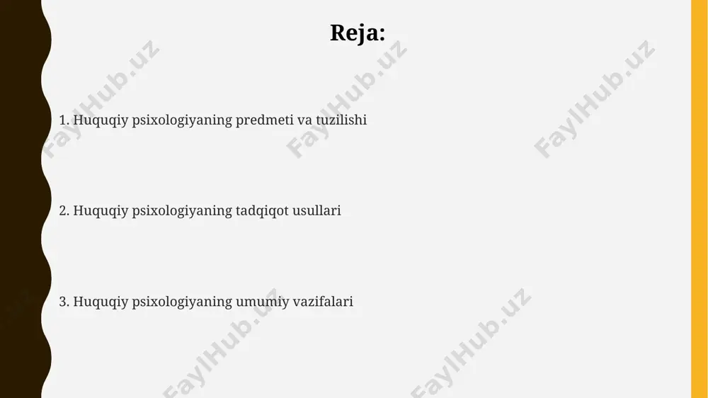 hrum qilish kabi jazolarni qo'llashda. huquqiy psixologiya, masalan, jinoyat-protsessual kodeksning 180-moddasida bayon etilgan guvoh ko'rsatmalarining ishonchliligini baholashda, 200 dan ortiq sud amaliyoti natijalariga tayanib, psixologik metodlarni qo'llaydi va shu bilan birga, toshkent shahridagi sud-psixologik ekspertiza markazi kabi muassasalar bilan hamkorlik qiladi. huquqiy psixologiyaning predmeti huquqiy jarayonlarga 3 ta asosiy psixologik omil – shaxsning xulq-atvori, 20 dan ortiq guvohlar ko'rsatmalari tahlili va sud zalidagi muhitning ta'siri kabi omillarni o'rganishni o'z ichiga oladi. huquqiy xulq-atvorning psixologik omillari jinoyatchilikning psixologik sabablarini o'rganishda 1000 nafar mahkumning psixologik portretini tahlil qilish natijalarida, 70% da impulsivlik va agressivlik kuzatildi, samarqand viloyati hududida o'tkazilgan tadqiqotlar asosida. huquqiy xulq-atvorning shakllanishida 30% ga yaqinini ijtimoiy-madaniy omillar, 25% ni genetik moyillik va qolgan qismini esa 45% atrofida atrof-muhit va ta’lim muassasalari ta’sir ko'rsatadi, toshkent shahri misolida o'rganish natijalariga ko'ra. adolat tuyg'usining shakllanishiga 5 yoshgacha bo'lgan davrda oila muhiti va 10-15 yosh oralig'ida o'qituvchilarning ta'siri katta hissa qo'shishi, namangan viloyati maktablarida …