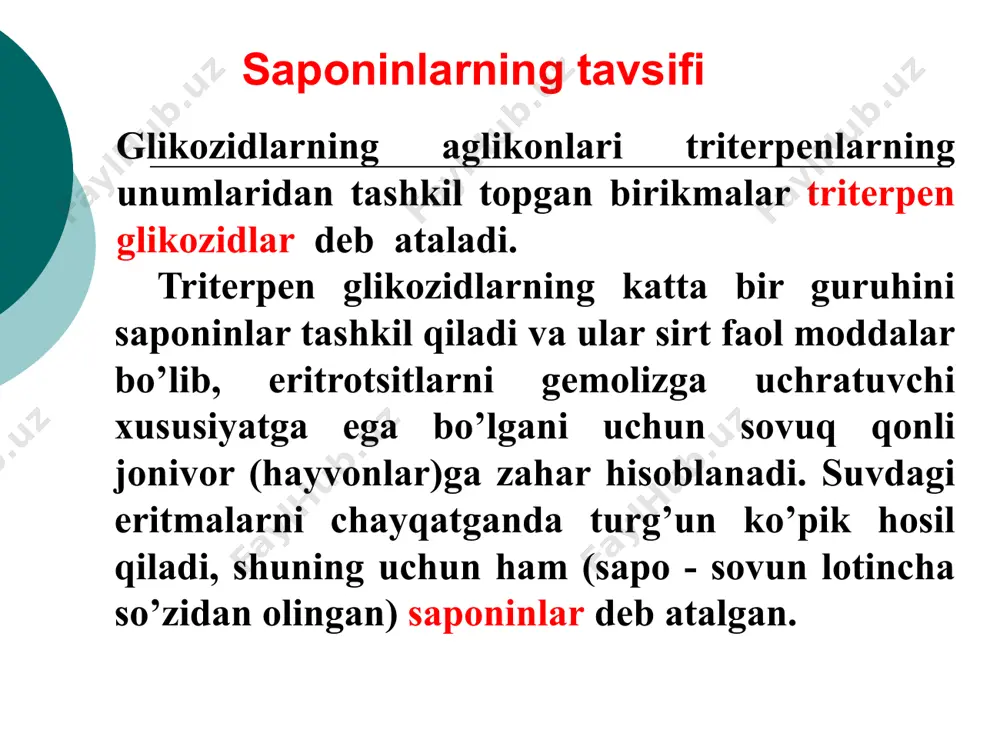 yar naycha yordamida tomiziladi va havoda 10 daqiqa quritiladi. so’ngra plastinka suvsiz xloroform - mеtilspirti – suv (61:32:7 nisbatida) aralashmasi bo’lgan xromatografik kolonkaga joylashtiriladi (30–40 daqiqa). so’ngra plastinka olinib, quritiladi va unga 20% sulfat kislotasi purkalib qurituvchi shkafda 110°c da 10 daqiqa qizdiriladi. saponinlar to’q qizil rangga bo’yaladi (aralozidlar). dog’lar rf-i aniqlanadi va «guvoh» bilan solishtirilib, xulosa chiqariladi. saponinlar miqdoriy tahlili mahsulotdagi saponinlarni miqdorini aniqlash uchun qaynoq suv yoki 70-80% qaynoq spirt bilan ajratib olib 90% spirt bilan cho’ktirishga asoslangan. undan tashqari saponinlarni suvda ko’pirish va qon eritrotsitlarini eritish (gеmoliz) xossalariga asoslangan miqdoriy analiz usullari ham mavjud. bunda saponinlarni protsеnt miqdorini topilmasa ham ular kontsеntratsiyasini, kuchini aniqlashda ahamiyati katta. saponinlarning gеmolitik ko’rsatkichi (indеksi) ni aniqlash gеmolitik ko’rsatkich (indеks) dеb, fibrinsiz qonning 2% li eritmasi bilan to’liq gеmoliz bеradigan saponinlarning eng kichik miqdoriga aytiladi. mahsulotdan fiziologik eritmada 1 - 2% li saponinlar ajratmasi tayyorlanadi; fiziologik eritma - naclning 0,9% li eritmasi. …