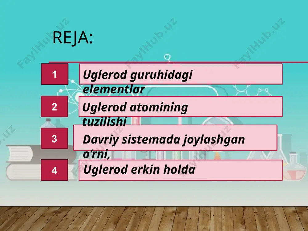 fit grafitda uglerod atomlari qatlamlar holida joylashadi. bir qatlam tekisligida joylashgan uglerod atomlari orasidagi bog‘dan, qatlamlararo uglerod bog‘lari kuchsizroqligi uchun qattiq yuzaga ishqalanganda grafit yemiriladi. karbin – uglerodning sun’iy olingan allotropik shakl o‘zgarishi bo‘lib, atomlar chiziqli tuzilishda bog‘langan. fulleren – uglerodning 80-yillar oxirlarida kashf qilingan allotropik shakl o‘zgarishi. 80 dan ortiq uglerod atomlarining 20 ta oltiburchak va 12 ta beshburchakdan iborat ikosaedr shaklida mavjud. eʼtiboringiz uchun raxmat image2.jpeg image3.jpeg image4.jpeg image5.png image6.jpeg image7.jpeg image8.jpeg image9.png image10.jpeg image11.jpeg image12.jpeg image13.jpeg image14.gif image15.jpeg image16.jpeg image17.png image18.jpeg image19.jpeg image20.gif image21.jpeg image22.jpeg image23.png image24.jpeg image25.jpeg image1.jpeg