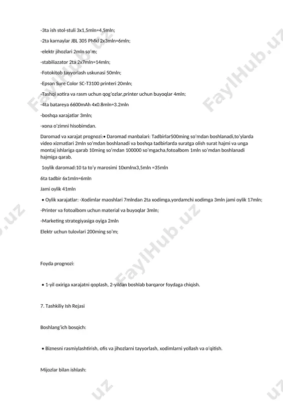 00ming so’m; foyda prognozi: • 1-yil oxiriga xarajatni qoplash, 2-yildan boshlab barqaror foydaga chiqish. 7. tashkiliy ish rejasi boshlang‘ich bosqich: • biznesni rasmiylashtirish, ofis va jihozlarni tayyorlash, xodimlarni yollash va o‘qitish. mijozlar bilan ishlash: • mijozlarni jalb qilish va buyurtmalarni amalga oshirish, loyihalarning sifatli bajarilishi. kelajak rejalari: • xizmatlarni kengaytirish, yangi texnologiyalar bilan ta’minlash, doimiy mijozlar bazasini kengaytirish va barqaror o‘sishni ta’minlash. jami investitsiya tashkil qilishda 150.7mln oylik xarajat:20.2mln yiliga 12x20.2mln=242.4mln oylik daromad 41mln yiliga 492mln 492-150.7-242.4=98.9mln 1 yillik daromad 98.9mln so’m