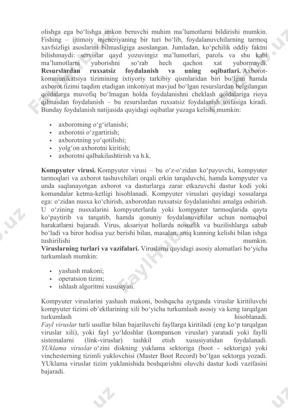 kommunikatsiya tizimida ruyxatdan o‘tgan bo‘lishi kerak va shundan so‘ng u o‘z logini va parolini o‘zi hosil qilishi yoki tizim tomonidan berilgan login parolga ega bo‘lishi mumkin. login va parollar ma’lum uzunlikdagi belgilar ketma-ketligidan tashkil topadi. login va parollarning uzunligi va qiyinligi uning qanchalik xavfsizligini ya’ni buzib bo‘lmasligini ta’minlaydi. login va parolni buzish.login va parolni buzish – bu buzg‘unchining biror bir maqsad yo‘lida axborot kommunikatsiya tizimi ob’ektlaridan foydalanish uchun qonuniy tarzda foydalanuvchilarga tegishli login va parollarini buzishdir. bunda maxsus dastur yordamida login va parollar generatsiya qilib topiladi. login va parollarning uzunligi bu jarayonning uzoq vaqt davom etishiga yoki generatsiya qilaolmasiligiga ishora bo‘ladi. login va parolni o‘g‘irlash. login va parolni o‘g‘irlash – bu foydalanuvchilarning mahfiy ma’lumotlari bo‘lgan login va parollarga ega bo‘lish maqsadida amalga oshiriladigan internet firibgarligining bir turidir. bu mashhur brendlar, masalan, ijtimoiy tarmoqlar, banklar va boshqa servislar nomidan elektron xatlarni ommaviy jo‘natish yo‘li orqali amalga oshiriladi. xatda odatda tashqi ko‘rinishi …