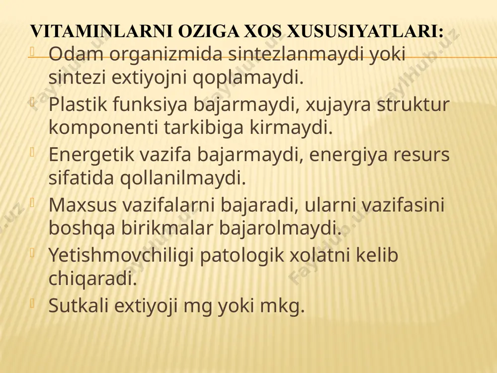 arda raxit; kattalarda osteoporoz. gipervitaminoz: suyak demineralizatsiyasi va ularning sinishi, ichki a’zolar kalsifikatsiyasi. gipo- i avitaminoz d raxit –mineralizatsiya jarayenini sekinlashishi va bolalarda suyaklanishni buzilishi. 26 vitamin «ye» (tokoferollar) , , -tokoferollar -tokoferol eng yuqori biologik faollikga ega. заменить рис. 5 metabolizmi: vitaminning sоrilishi uchun оt kislotalari zarur. xilomikronlar tarkibida limfa va qonga tashiladi. qon lipoproteidlari tarkibida – a’zo va tоqimalarga. xujayralarda membrana tarkibiga kiradi, u yerda konsentrlanadi (yog tоqimasi, jigar, skelet mushaklar). sоrilmagan tokoferollar najas bilan chiqariladi, metabolitlar esa konyugatlar holatida siydik bilan chiqariladi. biologik funksiyalari: 1. xujayralarda erkin radikal reaksiyalar tezligini boshqaradi (antioksidantlar); 2. membranalarni stabillaydi; 3. antioksidant xususiyatlari selenga bogliq. 4. vitamin a biologik faolligini oshiradi, yon zanjirlarni oksidlanishdan muhofaza qiladi. 5. oqsil, lipid, uglevodlar almashinuvini boshqaradi. 6. tashqi muhit negativ omillariga organizmning rezistentligini oshiradi. 7. organizm immun sistemasini oshiradi. 8. abort va homilaning oldini oladi. 9. ovogenez i spermatogenezni boshqaradi. gipovitaminoz olib keladi: eritrotsitlarning perekis gemolizga …