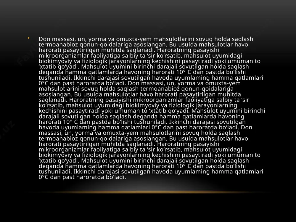 soslangan. bu usulda mahsulotlar havo harorati pasaytirilgan muhitda saqlanadi. haroratning pasayishi mikroorganizmlar faoliyatiga salbiy ta ’sir ko‘rsatib, mahsulot uyumidagi biokimyoviy va fiziologik jarayonlarning kechishini pasaytiradi yoki umuman to ‘xtatib qo‘yadi. mahsulot uyumini birinchi darajali sovutilgan holda saqlash deganda hamma qatlamlarda havoning harorati 10° s dan pastda bo‘lishi tushuniladi. ikkinchi darajasi sovutilgan havoda uyumlaming hamma qatlamlari 0°c dan past haroratda bo‘ladi. don massasi, un, yorma va omuxta-yem mahsulotlarini sovuq holda saqlash termoanabioz qonun-qoidalariga asoslangan. bu usulda mahsulotlar havo harorati pasaytirilgan muhitda saqlanadi. haroratning pasayishi mikroorganizmlar faoliyatiga salbiy ta ’sir ko‘rsatib, mahsulot uyumidagi biokimyoviy va fiziologik jarayonlarning kechishini pasaytiradi yoki umuman to ‘xtatib qo‘yadi. mahsulot uyumini birinchi darajali sovutilgan holda saqlash deganda hamma qatlamlarda havoning harorati 10° s dan pastda bo‘lishi tushuniladi. ikkinchi darajasi sovutilgan havoda uyumlaming hamma qatlamlari 0°c dan past haroratda bo‘ladi. don va don mahsulotlarining fizik xossalari har qanday don uy umi saqlash davrida hisobga olinishi lozim bo ‘lgan …