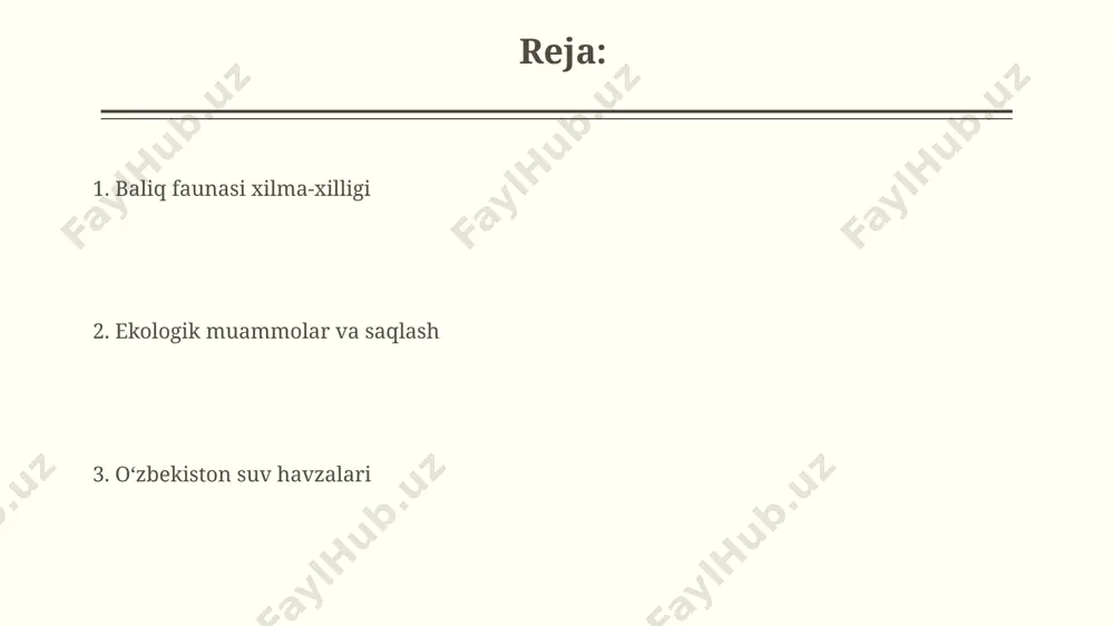 lpiqlari va mayda baliq turlarining ko'pligi kuzatiladi. sunʼiy suv havzalari va baliqchilik xoʻjaliklari sunʼiy suv havzalari, oʻrtacha 500 ga yaqin gektar maydonni egallab, yiliga 2000 tonnagacha baliq yetishtirish quvvatiga ega. uzbekistondagi baliqchilik xoʻjaliklarining 70% dan ortigʻi sunʼiy suv havzalarida joylashgan boʻlib, asosan karp, amur va tolstolobik turlarini yetishtiradi. qashqadaryo va uning baliq dunyosi qashqadaryo daryosida 20 dan ortiq baliq turi, jumladan, amudaryo shirin suv baliqlari va endemik turlar mavjud bo'lib, ularning aksariyati tijoriy ahamiyatga ega. qashqadaryo havzasidagi suv omborlarida sun'iy ko'paytirilgan oltin baliqlar (carassius auratus) populyatsiyasi 5000 dan ortiq individualni tashkil qiladi, ammo ularning ekologik ta'siri hali to'liq o'rganilmagan. toshkent viloyati suv havzalari va baliqlari chirchiq daryosi havzasida, baliq zaxirasini oshirish maqsadida, yiliga o’rtacha 15 million dona baliq urug’i chiqariladi. toshkent viloyati suv havzalari, taxminan 20 ga yaqin baliq turlarini, shu jumladan, karp, amur va sazan kabi iqtisodiy ahamiyatga ega turlarni o’z ichiga oladi. sirdaryo va uning baliq dunyosi sirdaryoning …