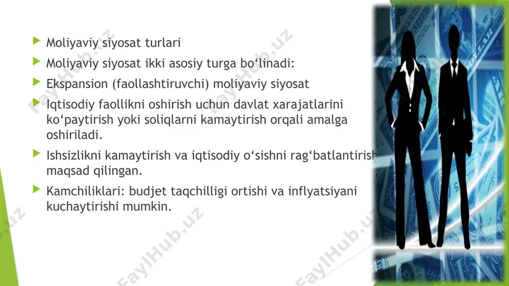 atini yumshatish davlat qarzining oshishini nazorat qilish shuningdek, mamlakatda "yashil iqtisodiyot" va raqamli moliya tizimi kabi yangi yo‘nalishlar ham rivojlanmoqda. . xulosa moliyaviy siyosat iqtisodiy rivojlanishning muhim vositasi bo‘lib, davlatning soliqlar, xarajatlar va budjetni boshqarish orqali iqtisodiyotga ta’sir qilish imkonini beradi. uning samarali yuritilishi mamlakatning barqaror rivojlanishiga xizmat qiladi, noto‘g‘ri yondashuv esa inflyatsiya, ishsizlik va davlat qarzining ortishiga olib kelishi mumkin. shuning uchun har bir davlat o‘z iqtisodiy sharoitiga mos keluvchi moliyaviy strategiyani ishlab chiqishi lozim. image1.jpeg image2.jpeg image3.png image4.png image5.png image6.png image7.png image8.png image9.png image10.png image11.png image12.png /docprops/thumbnail.jpeg