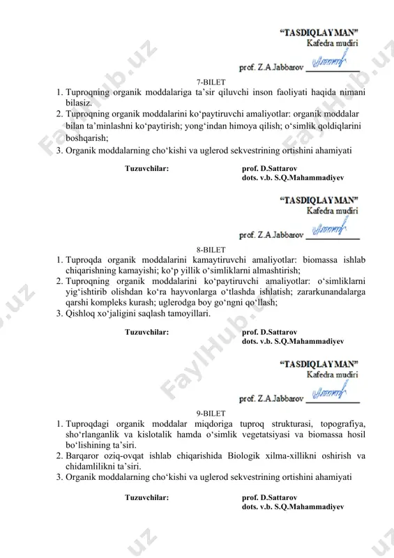 chidamlilikni ta’siri. 3. organik moddalarning cho‘kishi va uglerod sekvestrining ortishini ahamiyati tuzuvchilar: prof. d.sattarov dots. v.b. s.q.mahammadiyev 10-bilet 0. tuproqdagi organik moddalar miqdoriga tuproq strukturasi, topografiya, sho‘rlanganlik va kislotalik hamda o‘simlik vegetatsiyasi va biomassa hosil bo‘lishining ta’siri. 0. tuproqning organik moddalarini ko‘paytiruvchi amaliyotlar: agroo‘rmon xo‘jaligi va xiyobon ekinlari; o‘rmonlarni qayta tiklash va o‘rmonzorlashtirish; tabiiy o‘simliklarni qayta tiklash; 0. barqaror oziq-ovqat ishlab chiqarishida biologik xilma-xillikni oshirish va chidamlilikni ta’siri. tuzuvchilar: prof. d.sattarov dots. v.b. s.q.mahammadiyev 11-bilet 1. gumusning birikmalari va funktsiyasi. 2. organik moddalarning cho‘kishi va uglerod sekvestrining ortishini ahamiyati 3. tuproqdagi organik moddalar miqdoriga tuproq strukturasi, topografiya, sho‘rlanganlik va kislotalik hamda o‘simlik vegetatsiyasi va biomassa hosil bo‘lishining ta’siri. tuzuvchilar: prof. d.sattarov dots. v.b. s.q.mahammadiyev 12-bilet 1. qishloq xo‘jaligini saqlash tamoyillari. 2. barqaror oziq-ovqat ishlab chiqarishida biologik xilma-xillikni oshirish va chidamlilikni ta’siri. 3. tuproqning organik moddalarini ko‘paytiruvchi amaliyotlar: balansli o‘g‘itlash; qoplama ekinlar; yaxshilangan vegetativ plantatsiyalar; tuzuvchilar: prof. d.sattarov dots. v.b. s.q.mahammadiyev …
