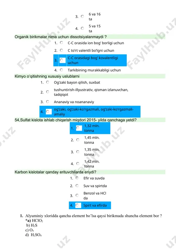 allotro’ik shakllarga ega ; 2. fosfor to’rt atomdan tashkil to’gan tetraedr shaklni hosil qiladi ; 3. fosfor iii davrning v guruhida joylashgan ; 4. fosfor bug’ining zichligi 4,28 ga teng ; *a) 1,2,4 ; b) 1,2,3 ; c) 1,3,4 ; d) 2,3,4 ; 4. 2018-2021 yillarda o’zbekiston res’ublikasi xalq ta’limi tizimini yanada takomillashtirish bo’yicha chora-tadbirlar dasturi nechta bo’limdan iborat? *a) beshta; b) oltita; c) to’rta; d) uchta; 5. quyidagi alomatlarning qaysilari elementga tegishli? 1. kislorod havoga nisbatan og’irroq ; 2. kislorodning molekulasida ikkita atom bor ; 3. kislorodning tarkibi massalari 16, 17, 18 m.a.b. ga teng bo’lgan izoto’lardan tashkil to’gan ; 4. kislorod ii davrning vi guruhida joylashgan ; *a) 3,4 b) 1,3 c) 1,4 d) 1,2 6. “o’qituvchining maqomi to’g’risida” gi qonunni qabul qilish rejasi 2018-2021 yillarda o’zbekiston res’ublikasi xalq ta’limi tizimini yanada takomil-lashtirish bo’yicha chora-tadbirlar dasturining qaysi bo’limida yoritib berilgan? *a) qonun hujjatlarini takomillashtirish bo’limida; b) ta’lim sifatini …