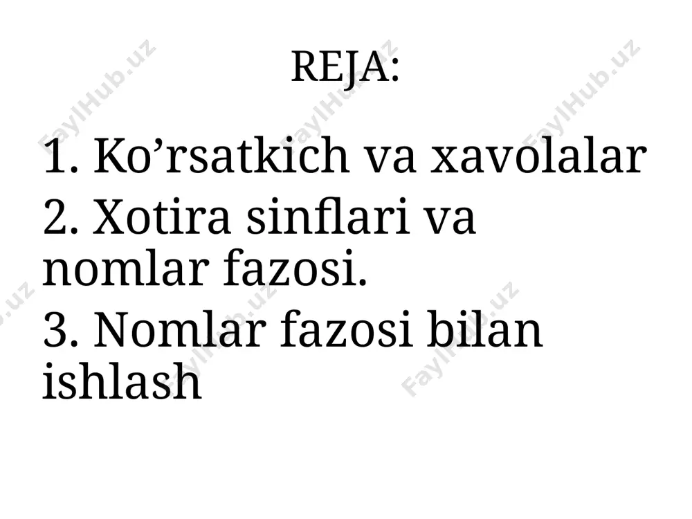 egistriga (регистры процессора) qo’shib qo’yish uchun ishlatiladi va bu dasturni bajarilish tezligini oshirishga hizmat qiladi. static — statik o’zgaruvchilar (lokal). 1) agar statik o’zgaruvchi – funksiya ichida bo’lsa: bunday o’zgaruvchilar uchun ko’rinish sohalari odatiy (funksiya ichida), lekin bunday o’zgaruvchilarning yashash vaqti “doimiy” dir (qiymatlar funksiyalar chaqiruvlarida saqlanadi). 2) funksiya ichida static bo’lmagan qiymatlar aksincha hossalarga ega. extern — tashqi (global) o’zgaruvchi. tashqi o’zgaruvchilar dastur e’lon qilinganidan so’ng dasturning barcha sohasida ishlatilishi mumkin. extern kalit so’zi orqali yaratilgan global o’zgaruvchilar dastur so’ngida yoki boshqa faylda ham e’lon qilingan bo’lsa uni ishlatish imkonini beradi. auto asosan local o’zgaruvchilar auto klassida e’lon qilinadi. ushbu o’zrgaruvchilar hotira stegida joylashadi va ko’rinish sohasi o’zi turgan blok bilan chegaralanadi. global o’zgaruvchilar auto o’zgaruvchi sifatida e’lon qilinishi mumkin emas chunku ular hotiraning data-segmentida joylashadi. register registr o’zgaruvchisini e’lon qilishimiz uchun biz kompilyatordan o’zgaruvchimiz registr hotirada joylashishini so’raymiz aks holda bizning o’zgaruvchimiz operativ hotiradan joy oladi. agar sharoit …