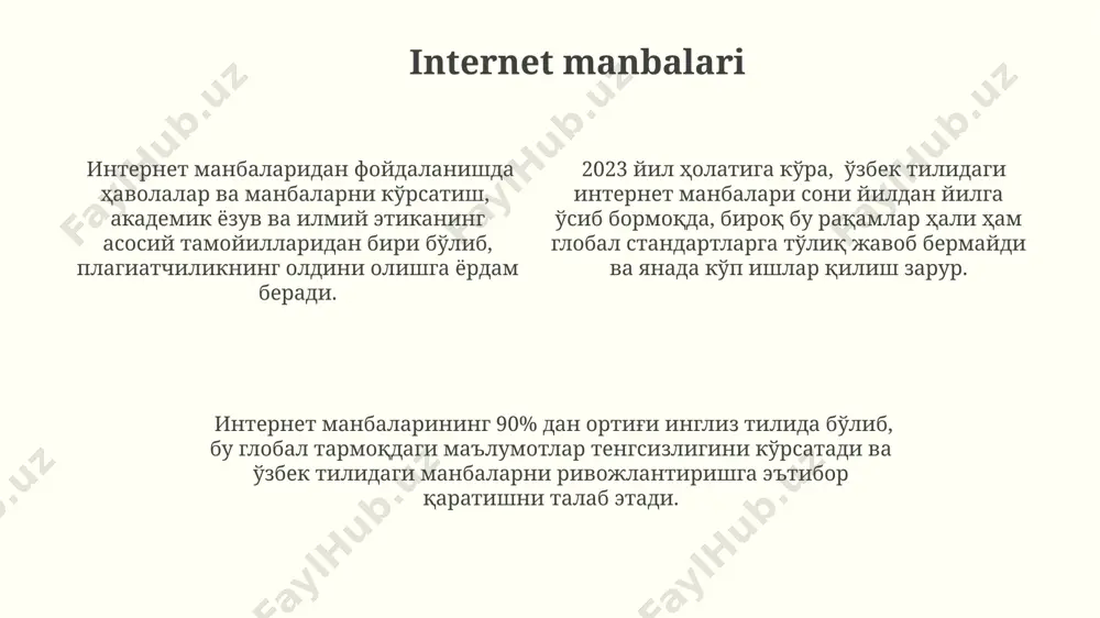 qotni nazarda tutadi. shaxsiy intervyular, ma'lumotlarni chuqurroq tahlil qilish imkonini berib, kattaroq namunaviy guruhlarga nisbatan, 5-10 barobar ko'proq batafsil va boy ma'lumotlarni taqdim etadi. ma'lumot manbalari turlari shaxsiy bloglar, ijtimoiy tarmoqlar va ommaviy axborot vositalari kabi norasmiy manbalar tezkor va oson kirish imkonini beradi, lekin ularning ishonchliligi past bo'lishi mumkin. rasmiy hujjatlar (20 dan ortiq), statistik ma'lumotlar bazalari va ilmiy jurnallar kabi ishonchli manbalar, aniq va tekshirilgan ma'lumotlarni taqdim etadi. ma'lumot manbalari 3 ta asosiy turga bo'linadi: boshlang'ich (birlamchi), ikkilamchi va uchlamchi, har biri o'ziga xos xususiyatlarga va ishonchlilik darajasiga ega. uchlamchi manbalar uchlamchi manbalardagi ma'lumotlarning ishonchliligi darajasi ikkilamchi manbalarning sifati va soniga bog'liq bo'lib, o'rtacha 70% gacha ishonchliligini ta'minlashi mumkin. uchlamchi manbalar sifatida entsiklopedilar, o'quv qo'llanmalari, referatlar va turli xil ko'rgazmali adabiyotlar (jumladan, 50 tadan ortiq illyustratsiyali kitoblar) qo'llaniladi. uchlamchi manbalar ko'pincha ikkilamchi manbalarga tayanib, hodisalar, shaxslar yoki jarayonlar haqida umumlashtirilgan ma'lumotlarni taqdim etadi, masalan, 10 tadan ortiq ikkilamchi …