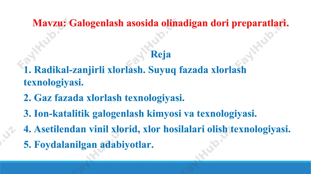 rganik birikmadagi oh-guruhni galogenga almashinishi natijasida kislotalarning xlor angidridlari olinadi: rcooh + cocl2 → rcocl + co2 + hcl roh + hcl → rcl + h2o ch2=ch2 + cl2 → clch2-ch2cl ch =ch + 2cl2 → chcl2-chcl2 c6h6+3cl2 → c6h6cl6 galogenvodorodlar qo'shbog' va uchbog'ga birikadi, shuningdek, olefinlar ham xlorgidrinlash reaksiyasiga kirishadi: ch2=ch2 + hcl → ch3-ch2cl ch=ch + hci → ch2=chcl ch2=ch2 + cl2+h2o → ch2ci-ch2oh + hcl biriktirish bilan galogenlash reaksiyalari to'yinmagan uglevodorodga galogen birikishi bilan boradi. erkin galogenlar c=c, c-c va car-car bog'larga birikish qobiliyatiga ega: a) degidroxlorlash hcl birikishning parchalanishi; b) dexlorlash; d) xloroliz e) xlorlinoliz; yoki yuqori temperaturada piroliz; xlorli hosilalarni reaksiyalari muhim ahamiyatga ega. xlorli hosilalarni parchalanish reaksiyalarini bir nechta turi mavjud: degidroxlorlashga misol keltiramiz: degidroxlorlashga misol keltiramiz: clch2-ch2cl → ch2=chcl + hcl dexlorlash reaksiyalari esa yuqori temperaturada keladi ccl3-ccl3 → ccl2=ccl2+cl2 xloroliz yoki xlorinoliz reaksiyalari xlor ta'sirida uglerod uglerod bog'ini uzilishi bilan boradi: ccl3-ccl3 …