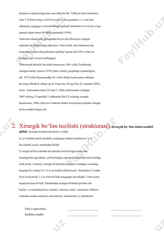 larni to‘la-to‘kis o'ziga qamrab olgan butun bir tibbiy qomusdir (1954). turkiston oikasi istilo qilingandan keyin chor rossiyasi sogiiqni saqlashni rivojlantirishga juda kam e’tibor berdi, chor hukumati shu maqsadlar uchun nihoyatda kam mablag* ajratar edi (1913-yilda jon boshiga atigi 14 tiyin sarflangan). turkistonda birinchi davolash muassasasi 1861-yilda toshkentda ochilgan harbiy lazaret (1870-yilda u harbiy gospitalga aylantirilgan) edi. 1872-yilda samarqandda 20 o‘rinli shahar kasalxonasi ochilgan. keyingi yillarda k attaqo‘rg‘on, farg‘ona, m arg‘ilon, q o‘qonda (1883), petro- aleksandrovskda (to‘rtko‘l, 1886) shifoxonalar ochilgan. 1903-yilning 15-aprelida t oshkentda qizil x ochning xirurgik kasalxonasi, 1906-yilda esa toshkent shahar kasalxonasi qoshida xirurgik bo'lim tashkil etilgan edi. 2. xirurgik bo‘lim tuzilishi (strukturasi).xirurgik bo ‘lint ishini tashkil qilish. xirurgik bo'limni jihozlash va ishini to 'g 'ri tashkil qilish jarrohlik yordamiga muhtoj kasallarni to 'g 'ri davolashda asosiy omillardan biridir. x irurgik bo'lim ochishda davolanishi lozim bo'lgan bem orlar kontingentini (guruhini), qo'llaniladigan operatsiya usullarini ham hisobga olish kerak. umumiy xirurgik …