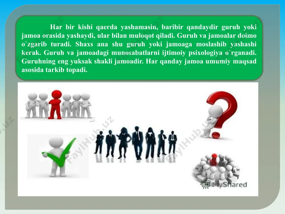 lar o`ylariga kira olmay ko`chalarda yashaganlar. yadro vahimasi, uchar tarelka, ko`rinmas odam, boshqa planetaliklarning kelish vahimasi ommaviy tus olib ketadigan hodisalardir. hozirgi bozor iqtisodiyoti davrida ocharchilik, qimmatchilik, iqtisodiy tanqislik vahimasi kishilarni qo`rqitadi. 2. musobaqa hodisasi. tadbirkorlik, oilaviy pudrat, fermerlik, xo`jalik hisobiga o`tib ishlash kabi kishilar g`ayratini qo`zg`aydigan hodisalar - bu ijobiy hodisa. musobaqa kishilarni ilxomlantiradi, g`ayratini kuchaytiradi 3. ijtimoiy kayfiyat. ommaviy tus oladigan bir guruh doirasidagi hodisa. bu psixologik iqlimni yuzaga keltiradi. ijtimoiy kayfiyatni yuzaga keltiruvchi asosiy omil - bu guruhdagi shaxslararo munosabatlardir. masalan: jamoada kelib chiqadigan muammolarni yaxshi psixologik iqlimga ega bo`lgan jamoa a`zolari ancha engillik bilan hal qiladilar. agar guruhda va jamoada bitta ig`vogar bo`lsa shu jamoaning mehnat samarasi pasayib ketadi. 4. jamoa tafakkuri. bu quyidagi xususiyatlar bilan ajralib turadi: jamoa tafakkuri jarayonida har bir jamoa a`zosining yuzaga kelgan vazifalarni hal qilishda bir maqsadga intilib harakat qilishi kuchayadi, jamoa tafakkuri hal qilinishi lozim bo`lgan vazifani o`ylab, har tomonlama …