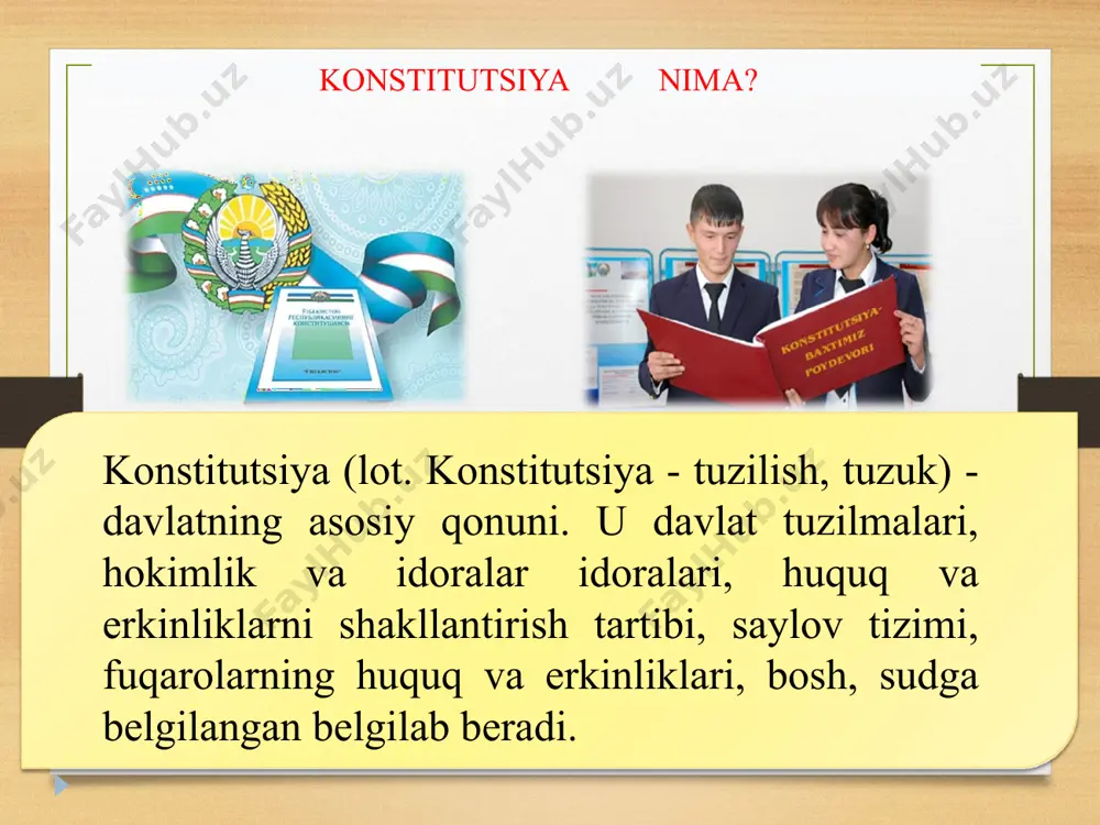 likasi konstitutsiyasi 41-moddasi “ekologiya hozirgi zamonning keng miqѐsdagi keskin ijtimoiy muammolaridan biridir, uni hal etish barcha xalqlarning manfaatlariga mos bo‘lib, sivilizatsiyaning hozirgi kuni va kelajagi ko‘p jihatdan ana shu muammoning hal qilinishiga bog‘liqdir”. i.karimov fuqarolar atrof tabiiy muhitga ehtiѐtkorona munosabatda bo‘lishga majburdirlar. “konstitutsiya va qonun ustuvorligi hamda qonuniylik tamoyillarining so‘zsiz ta'minlanishi inson huquq va erkinliklarini himoya qilishning muhim kafolatidir. biz bu fikrni yanada teran anglab olishimiz kerak. shu nuqtai nazardan, konstitutsiya hamda qonun talablariga og‘ishmay amal qilish ma'naviy saviyamiz, madaniyatimizning asosiy mezoniga aylanishi shart. biz jahon hamjamiyati bilan yaqin hamkorlikni izchil davom ettirishni o‘z oldimizga qo‘ygan ulug‘ maqsadlarga yetishning eng muhim omili, deb bilamiz. shu maqsadda dunѐdagi barcha uzoq-yaqin davlatlar, birinchi navbatda qo‘shni mamlakatlar bilan samarali aloqalarimizni yanada kuchaytiramiz. bugun biz jonajon vatanimizni rivojlangan demokratik davlatlar qatoriga olib chiqishdek yuksak maqsad yo‘lida keng qamrovli islohotlarni amalga oshirmoqdamiz”. shavkat mirziyoev e’tiboringiz uchun raxmat! image5.png image6.png image7.png image8.png image9.png image10.png image11.jpg image12.png …