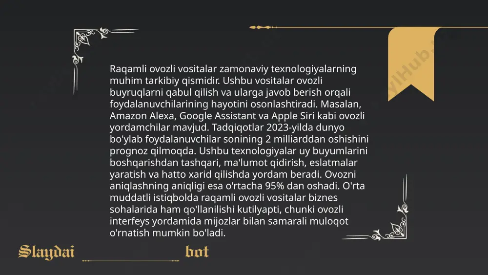 ardan biri adobe animate bo‘lib, vektor animatsiyalar yaratishda foydalaniladi. blender – 3d animatsiya yaratish uchun bepul ochiq kodli plataforma. shuningdek, toon boom harmony animatsiya studiyalarining sevimli dasturlaridan biri. u, ayniqsa, televizion shoular va film animatsiyalari uchun mos. after effects esa kompleks harakatlar va vizual effektlar uchun ishlatiladi. moho, avvalgi anime studio, 2d animatsiyalar uchun qulay. animasiyalarda foydalanish mumkin bo‘lgan yana bir taniqli ilova esa cinema 4d bo‘lib, kompleks 3d modeling va animatsiyalar uchun mo‘ljallangan. autodesking maya dasturi esa professional 3d animatsiya ishlab chiqarish uchun qo‘llaniladi. animatsiyalar yaratishda resursdan samarali foydalanish muhimdir. ... t.me/slaydai_bot multimedia turlari quyidagilarni o'z ichiga oladi: matn, grafikalar, audio, video, interaktivlik va animatsiya. matn axborot yetkazishda asosiy vosita bo'lib, ma'lumotning 70% ini tashkil qilishi mumkin. grafikalar, jumladan fotosuratlar va grafik dizayn elementlari, ma'lumotlarning 52% ini jonlantiradi. audio elementlar tinglash orqali ta'sir ko'rsatib, ma'lumotning 30% ini eslab qolish imkonini oshiradi. video materiallar esa vizual va audio tarkibni uyg'unlashtiradi, …