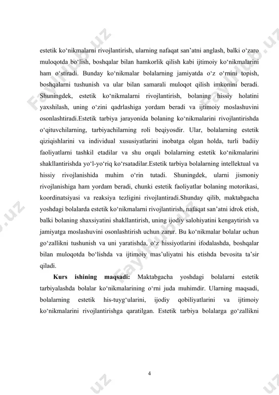 bolalar uchun go‘zallikni tushunish va uni yaratishda, o‘z hissiyotlarini ifodalashda, boshqalar bilan muloqotda bo‘lishda va ijtimoiy mas’uliyatni his etishda bevosita ta’sir qiladi. kurs ishining maqsadi: maktabgacha yoshdagi bolalarni estetik tarbiyalashda bolalar ko‘nikmalarining o‘rni juda muhimdir. ularning maqsadi, bolalarning estetik his-tuyg‘ularini, ijodiy qobiliyatlarini va ijtimoiy ko‘nikmalarini rivojlantirishga qaratilgan. estetik tarbiya bolalarga go‘zallikni anglash, san'at va tabiat bilan aloqada bo‘lish imkoniyatini beradi, bu esa ularning shaxsiy rivojlanishiga ijobiy ta'sir ko‘rsatadi. kurs ishining vazifasi: bolalar ko‘nikmalari, ularning o‘zini ifoda etish, ijodiy fikrlash va boshqalar bilan o‘zaro aloqalarini o‘rganish jarayonida muhim rol o‘ynaydi. estetik tarbiya orqali bolalar ranglar, shakllar va tovushlar orqali his-tuyg‘ularini ifoda etish imkoniyatini topadilar. bu jarayon, bolalarning hissiy rivojlanishini kuchaytiradi va ularni o‘z his-tuyg‘ularini anglashga o‘rgatadi. kurs ishining tarkibiy tuzilmasi:ushbu kurs ishi 3 nta bob,9 ta reja,xulosa va foydalanilgan adabiyotlardan iborat. i-bob.estetik tarbiyaning nazariy asoslari. 1.1.estetik tarbiyaning mazmuni va ahamiyati. estetik tarbiya — inson ruhiyatining, his-tuyg‘ularining, fikrlashining va estetik qadr-qimmatlarini shakllantirish …