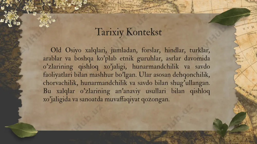 ishning beshta ustuvor yo‘nalishi bo‘yicha harakatlar strategiyasini “xalq bilan muloqot va inson manfaatlari yili”da amalga oshirishga oid davlat dasturini o‘rganish bo‘yicha ilmiy-uslubiy risola -t.., “ma’naviyat”, 2017. 3. alan barnard, jonathan spencer. encyclopedia of social and cultural anthropology. london & new york. 2002. 4. barbara a. west. encyclopedia of the peoples of asia and oceania copyright © 2009. -r. 4-12. 5. bargatzky thomas. ethnologie. - hamburg. 1997. toshkent davlat sharqshunoslik universitetining 2-kurs (sirtqi) tarix (moxt) turk- ingliz guruhi talabasi ergashov diyorbekning etnologiya va antropologiya, sharq xalqlari etnologiyasi fanidan tayyorlagan mustaqil ishi. bajardi: ergashov.d.y. tekshirdi:shosaidov.a.s. mavzu: old osiyo xalqlari,ularning bugungi kundagi xo'jalik mashg'ulotlari. reja: 1. old osiyo xalqlari,ularning bugungi kundagi xo'jalik mashg'ulotlari. 2. tarixiy kontekst. 3. ekologik masalalar va barqaror rivojlanish. g'arbiy yoki old osiyo kichik osiyo va arabiston yarim orollari, o‘rta er dengizining sharqiy soxili, mesopotamiya va o'rta sharqiy (eron va afg‘oniston ) hududlarini ham o‘z ichiga oladi. aholisi 170-milliondan ko‘prok. …